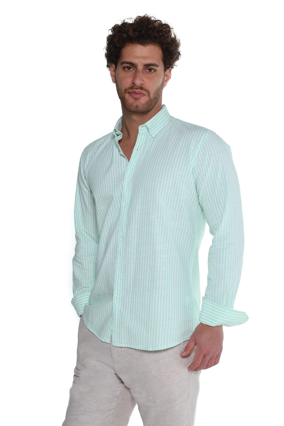 Long Sleeve Stripe Mint Linen Shirt