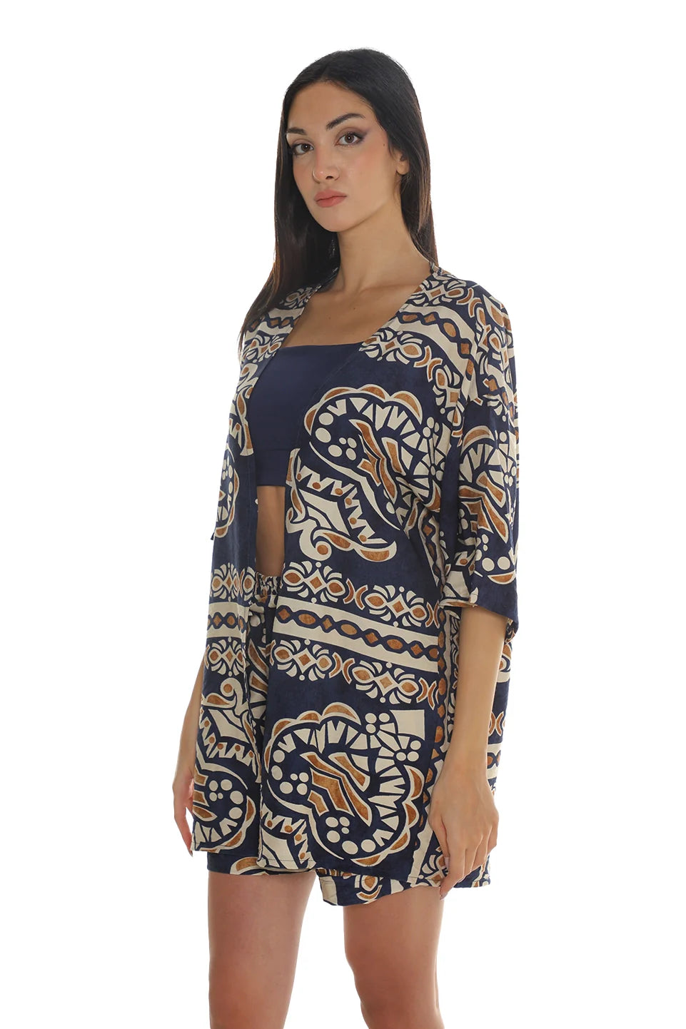 Navy Cardigan & Short Sets With Printed Design