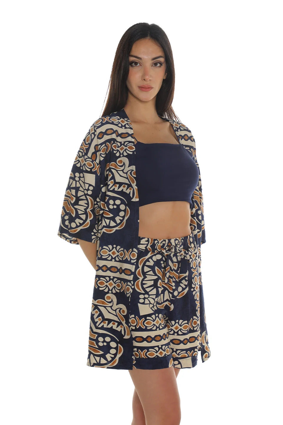 Navy Cardigan & Short Sets With Printed Design