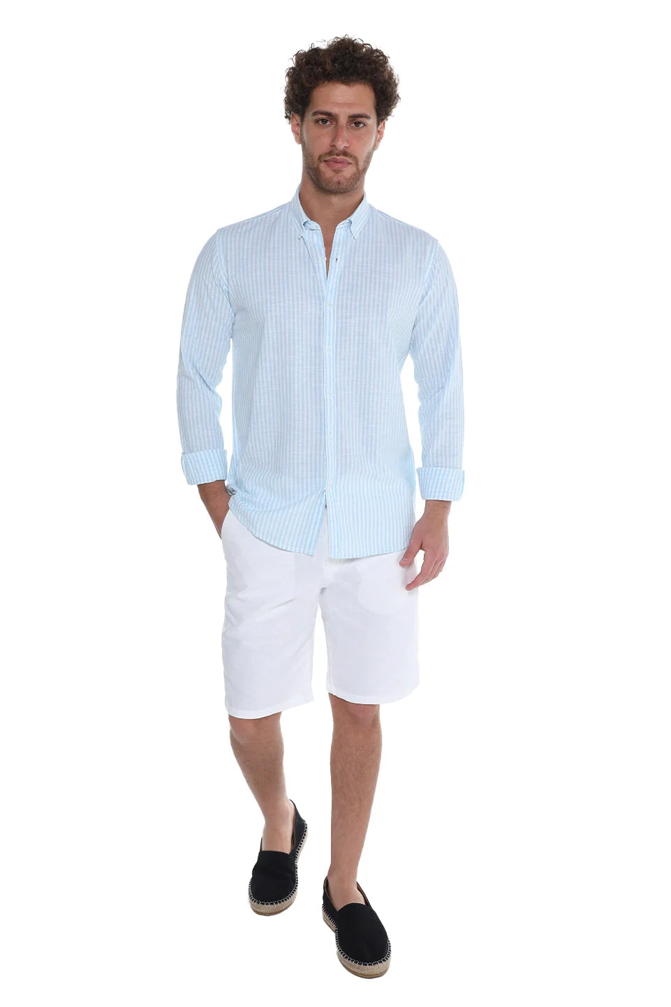 Long Sleeve Stripe Sky Blue Linen Shirt