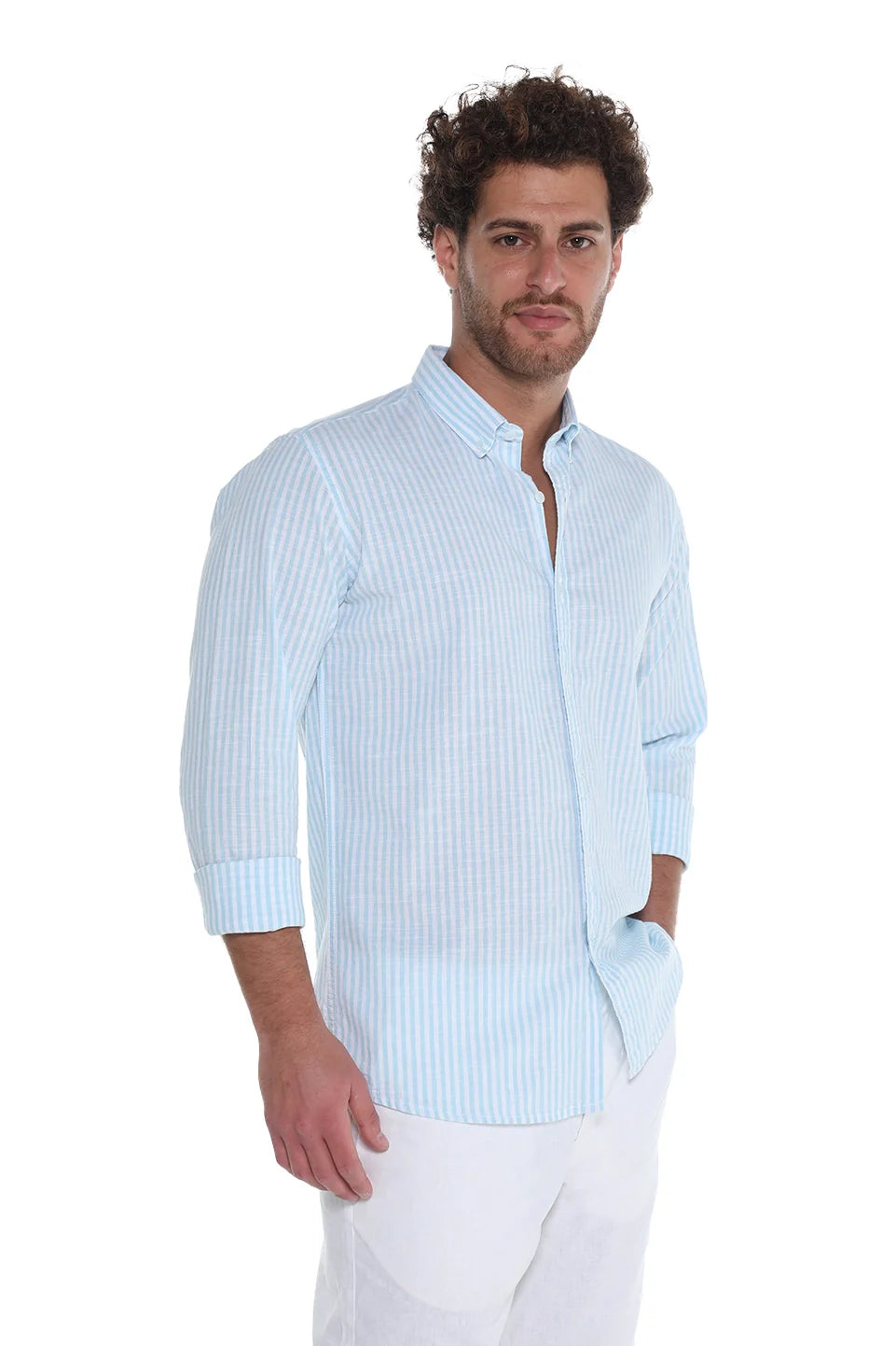 Long Sleeve Stripe Sky Blue Linen Shirt