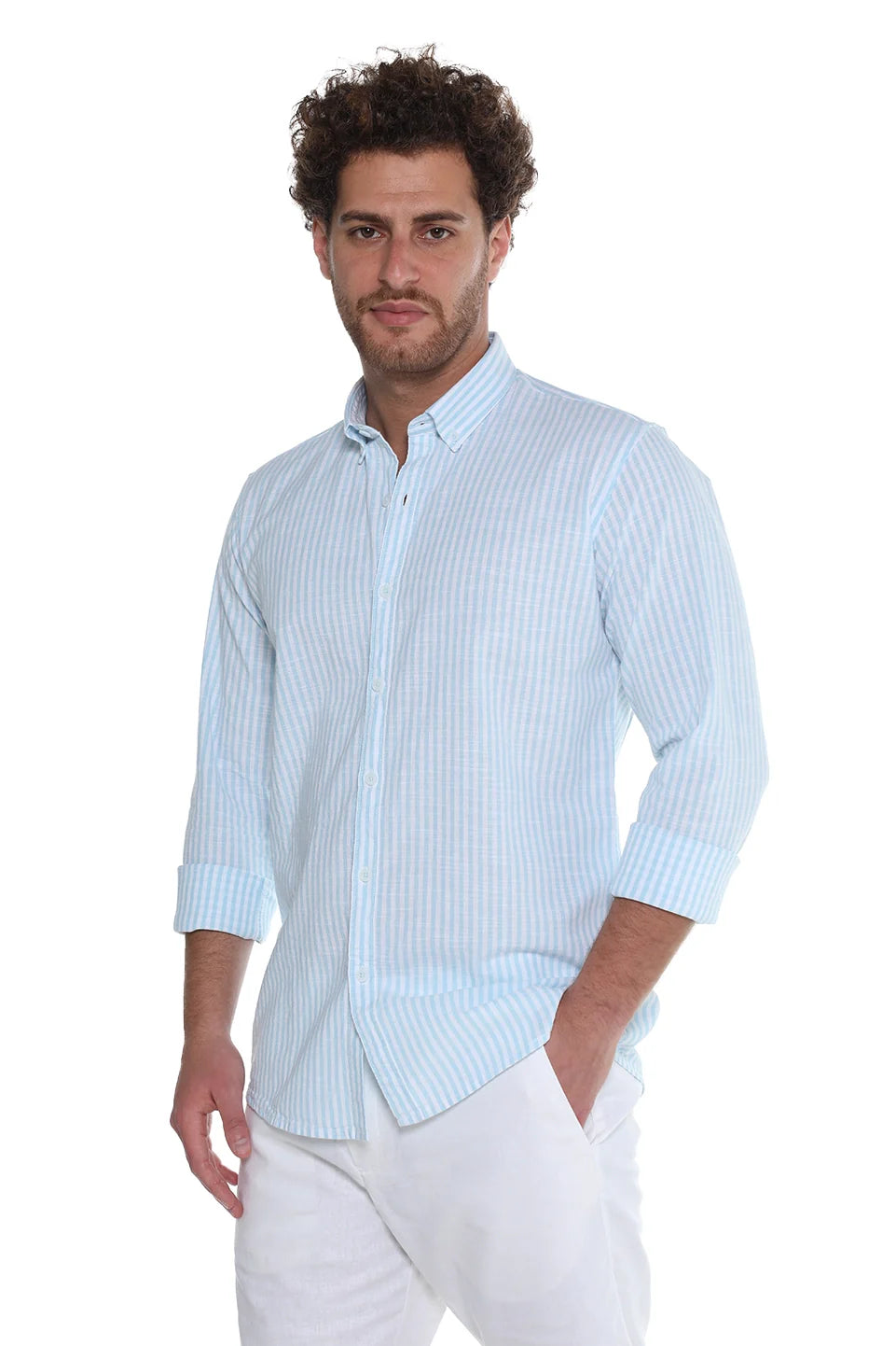 Long Sleeve Stripe Sky Blue Linen Shirt