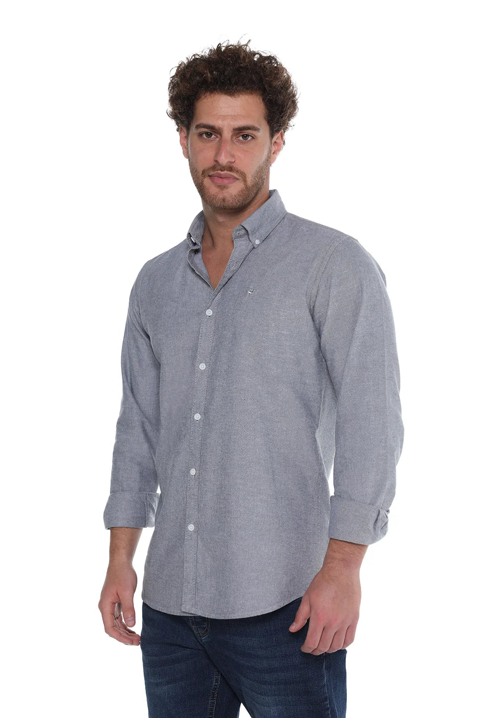 Long Sleeve Light Grey Oxford Shirt With Button Down Collar