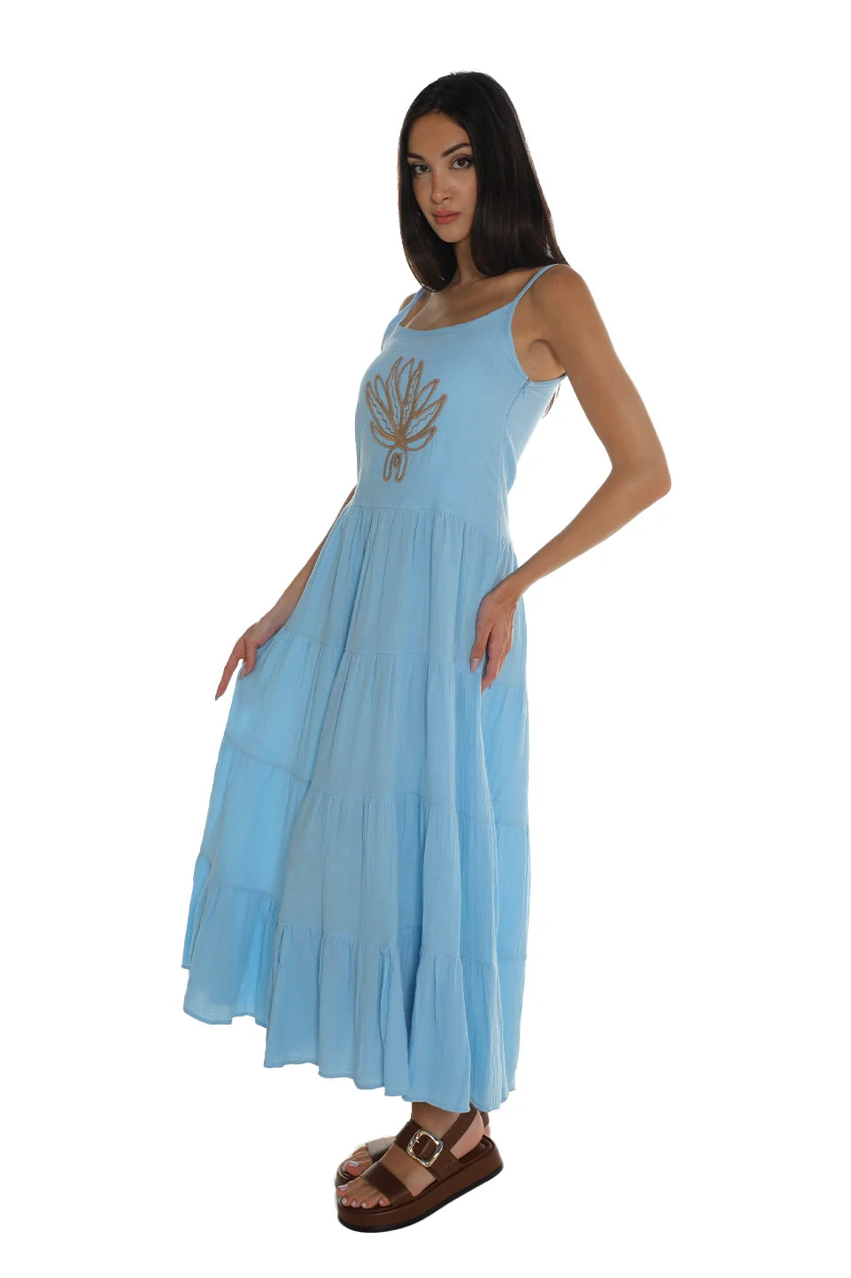 Sleeveless Blue Dress With Printed Design