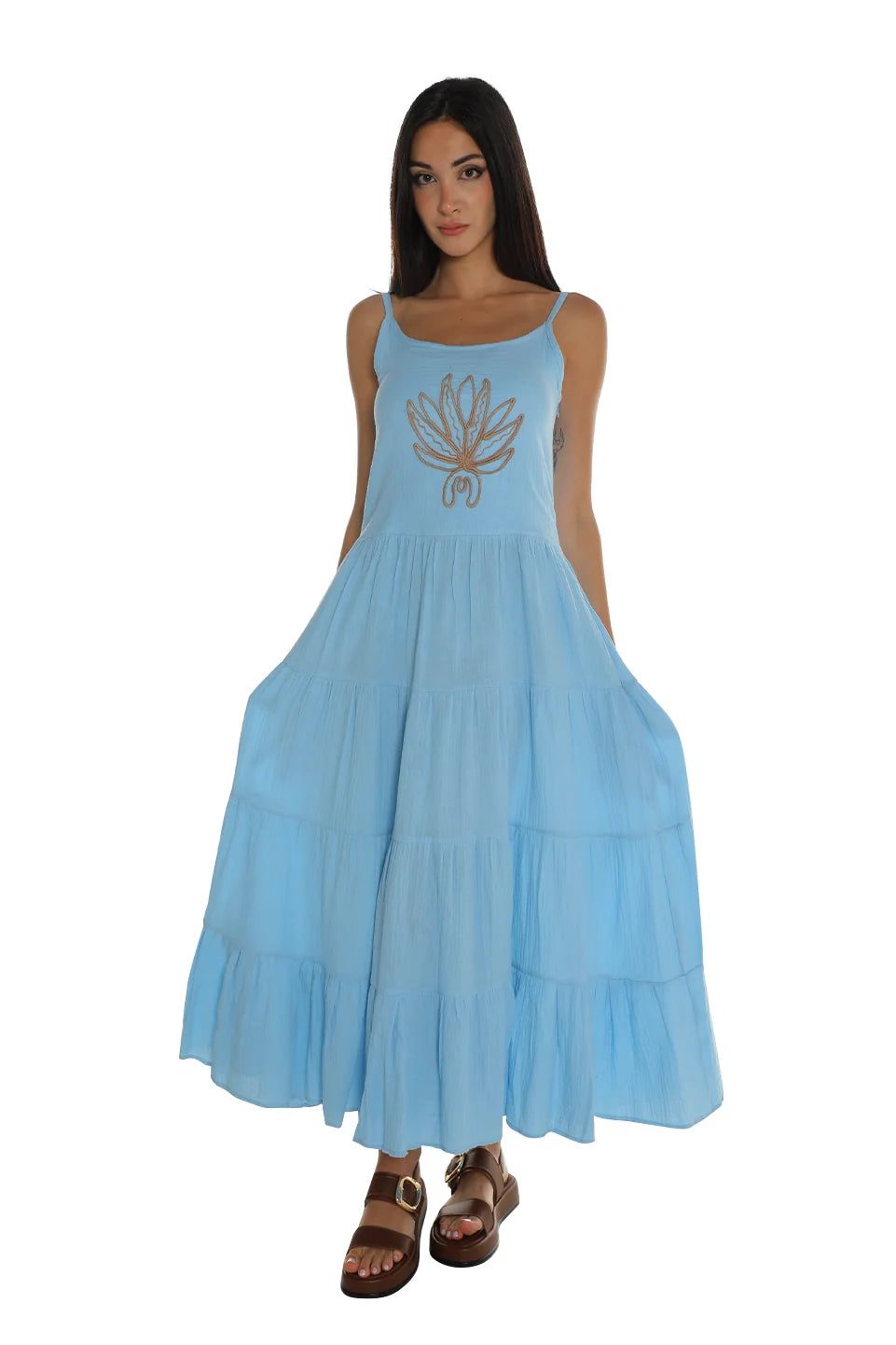 Sleeveless Blue Dress With Printed Design