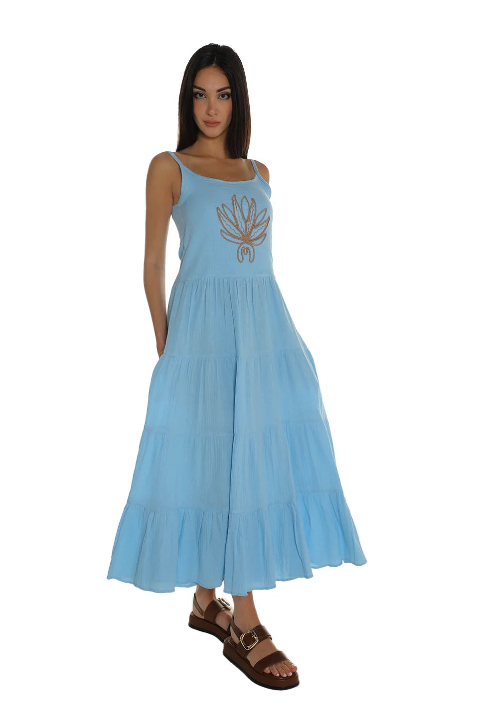 Sleeveless Blue Dress With Printed Design