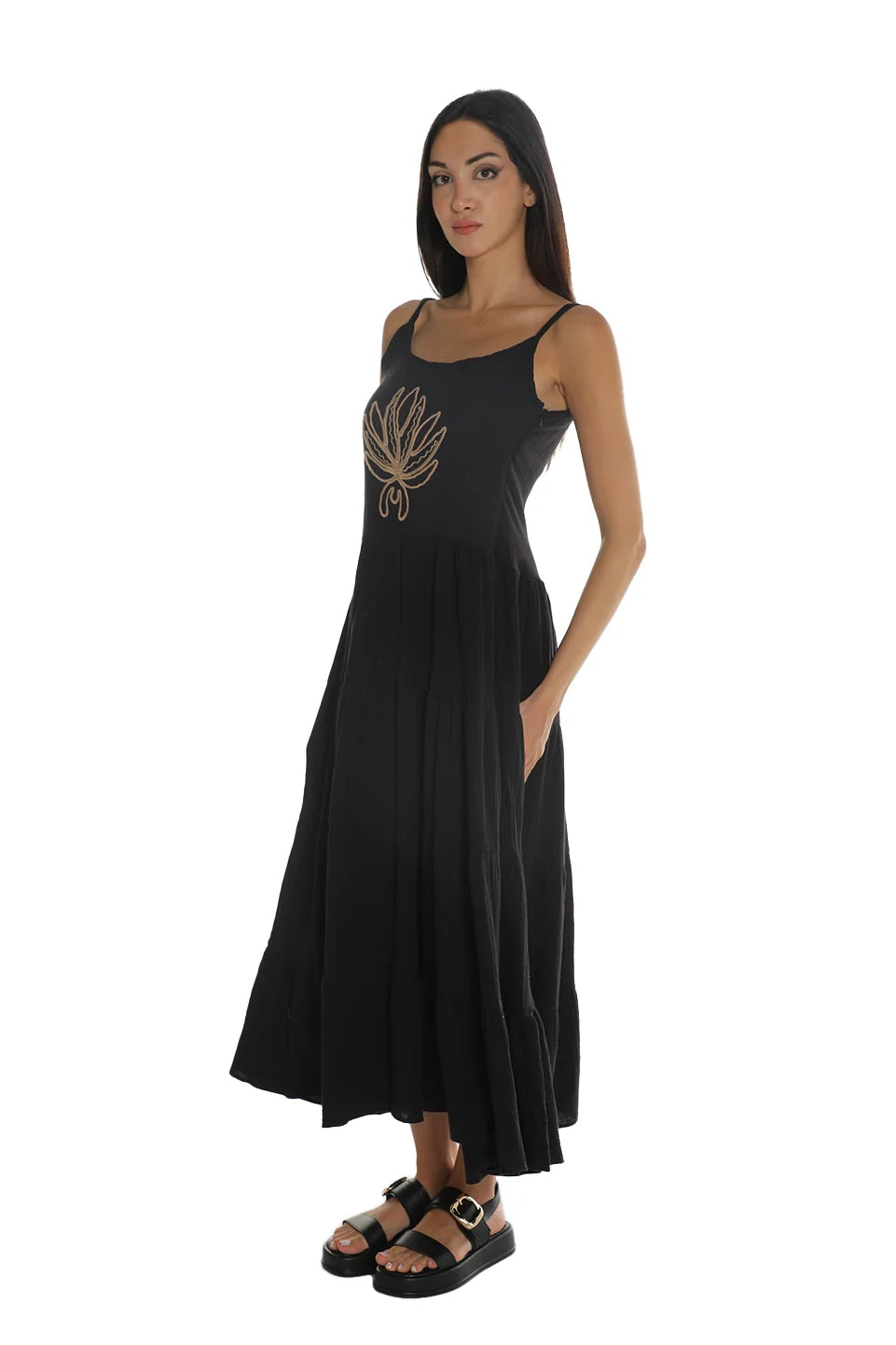 Sleeveless Black Dress With Printed Design