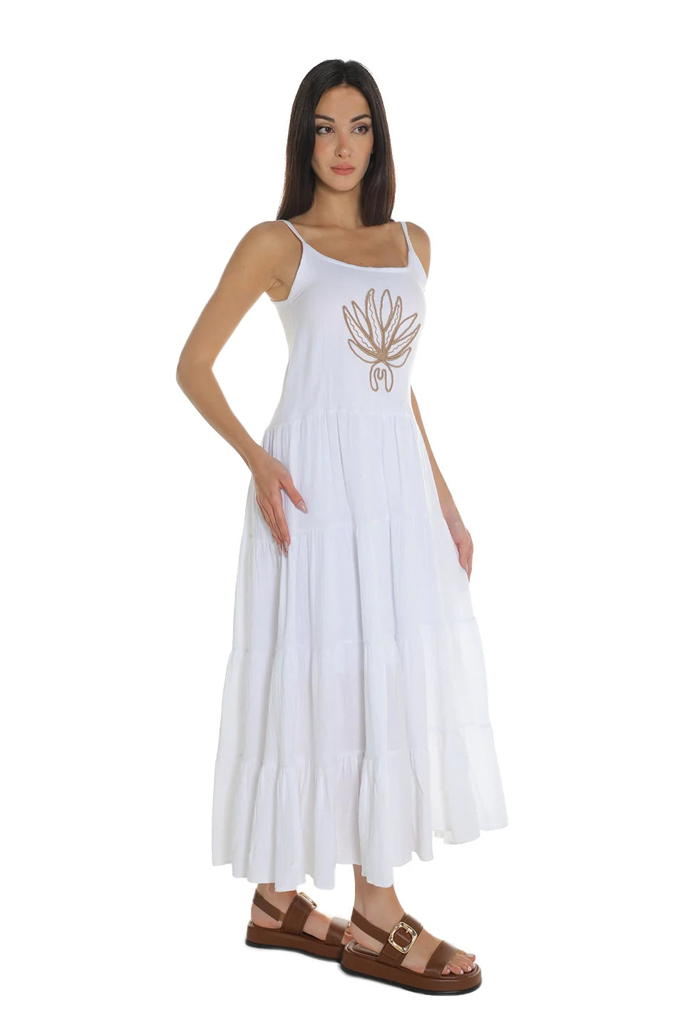 Sleeveless White Dress With Printed Design