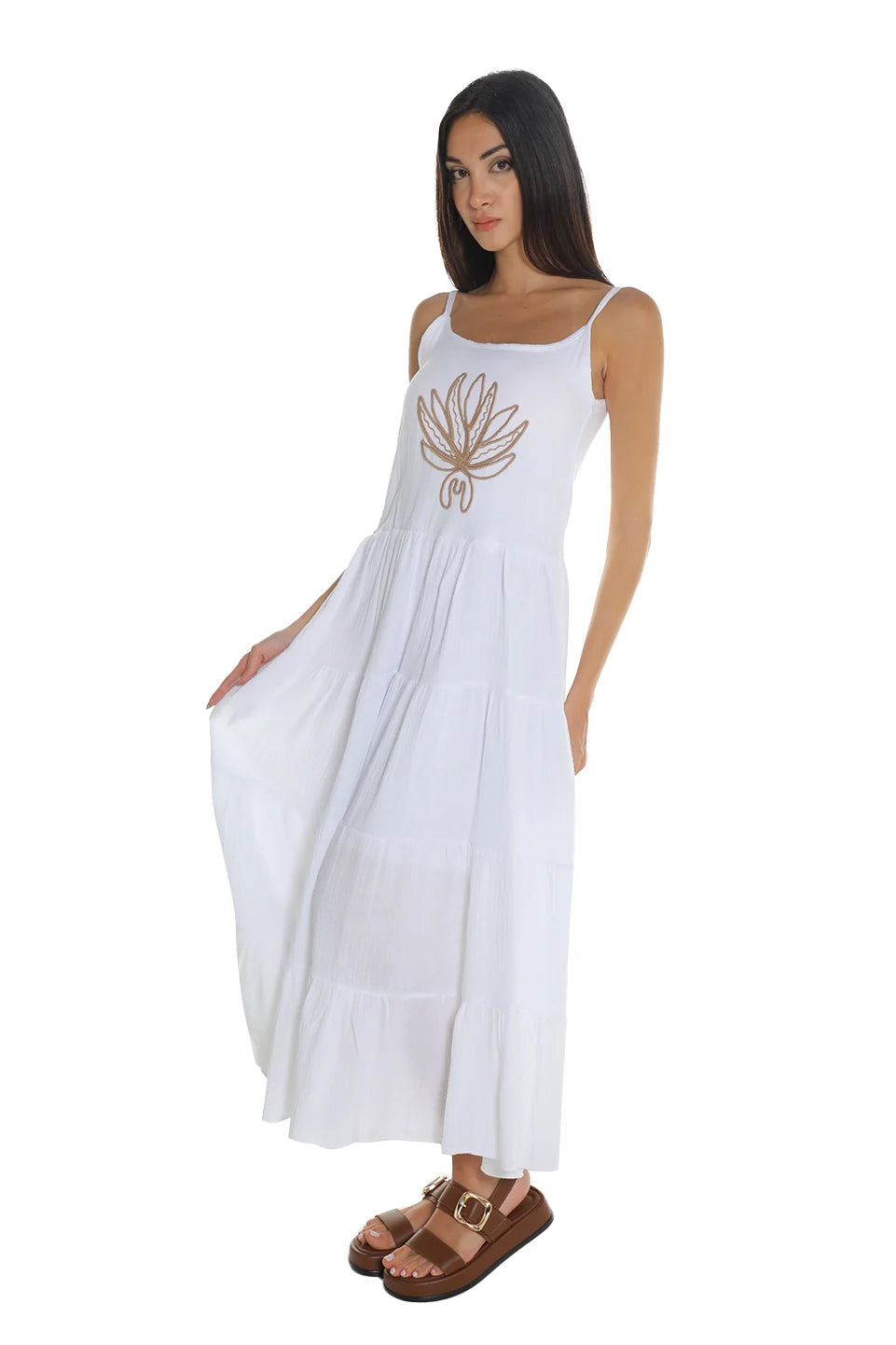 Sleeveless White Dress With Printed Design