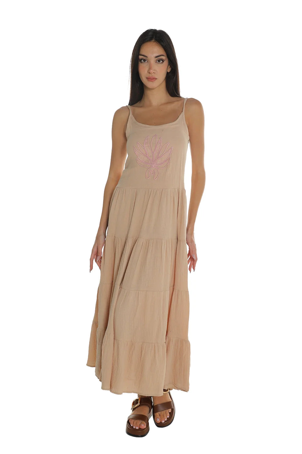 Sleeveless Beige Dress With Printed Design