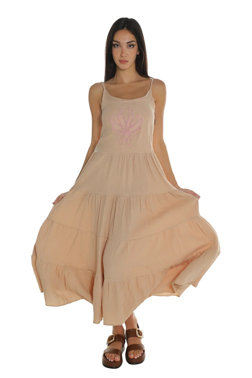 Sleeveless Beige Dress With Printed Design
