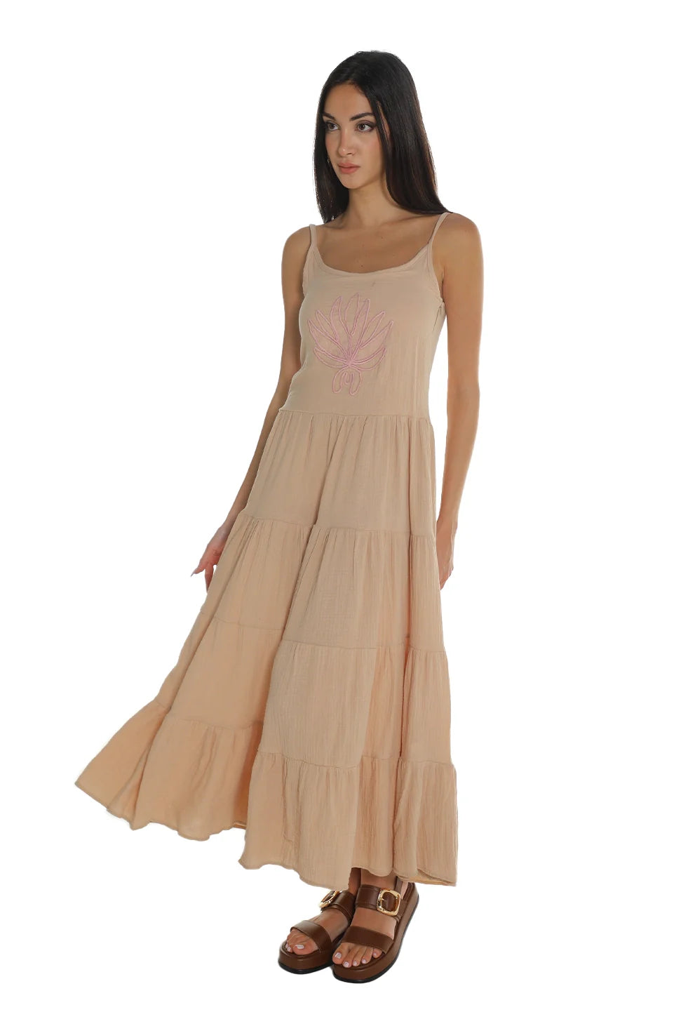 Sleeveless Beige Dress With Printed Design
