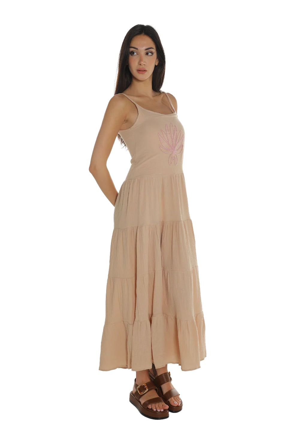 Sleeveless Beige Dress With Printed Design