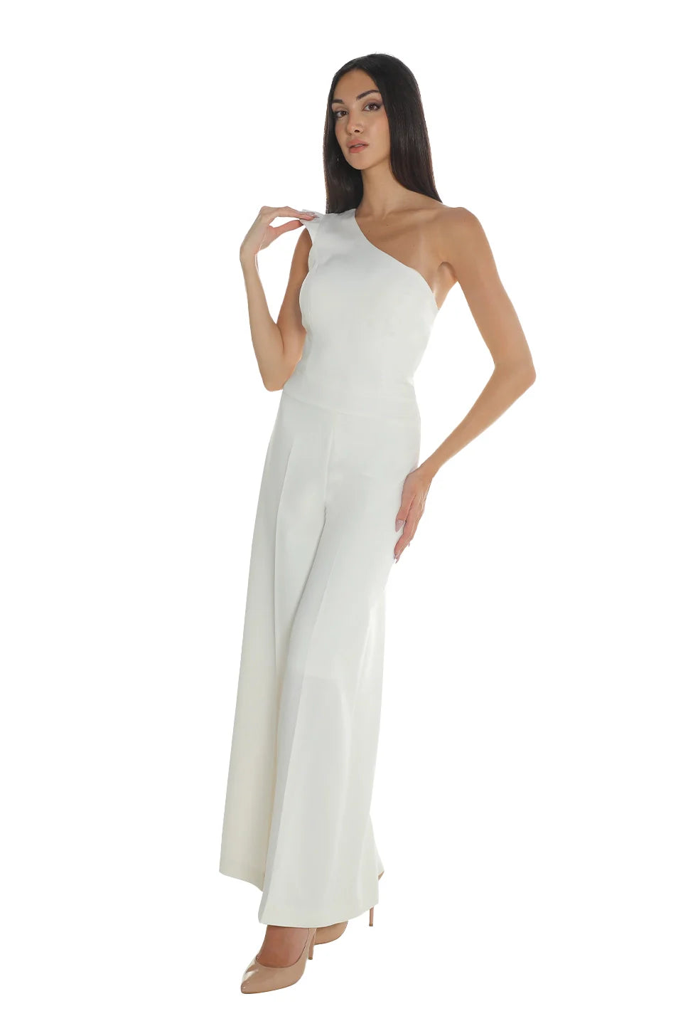 Off White Jumpsuit With Asymmetrical Neckline