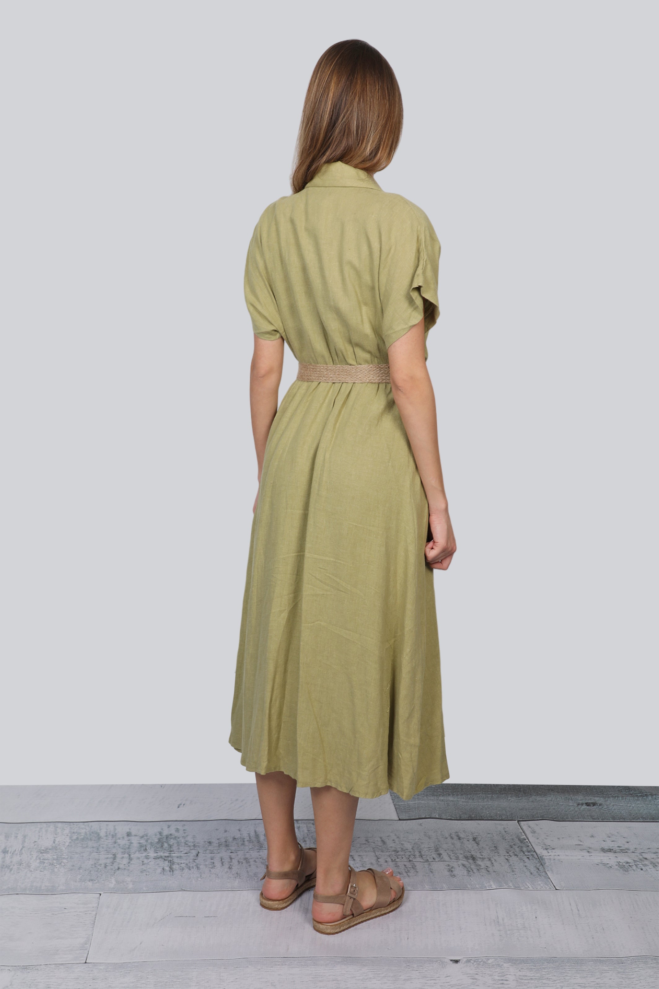 Women Long Olive Dress Belted