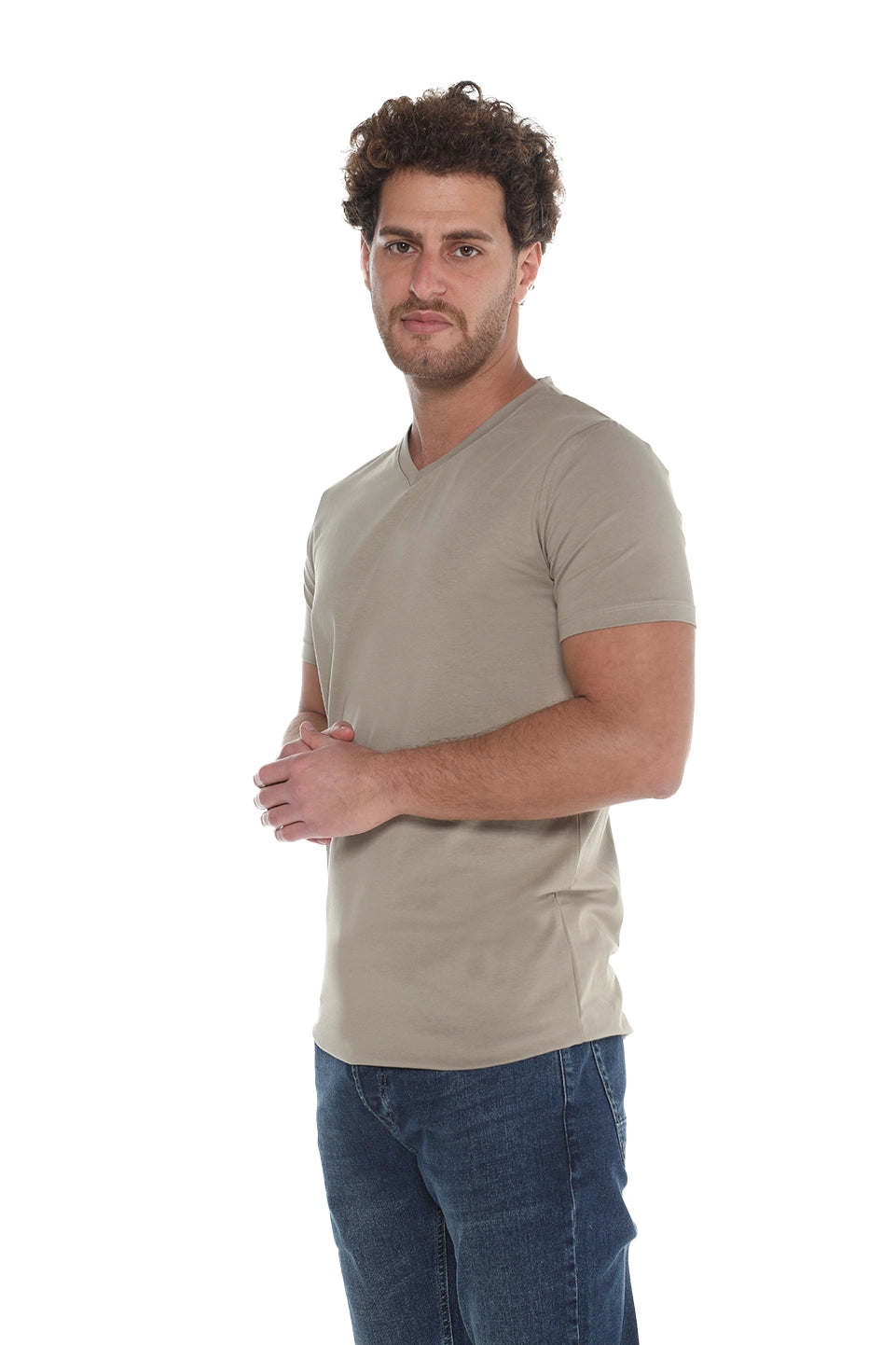Light Khaki Jack Dapper Short Sleeved Basic T-shirt With V-neck