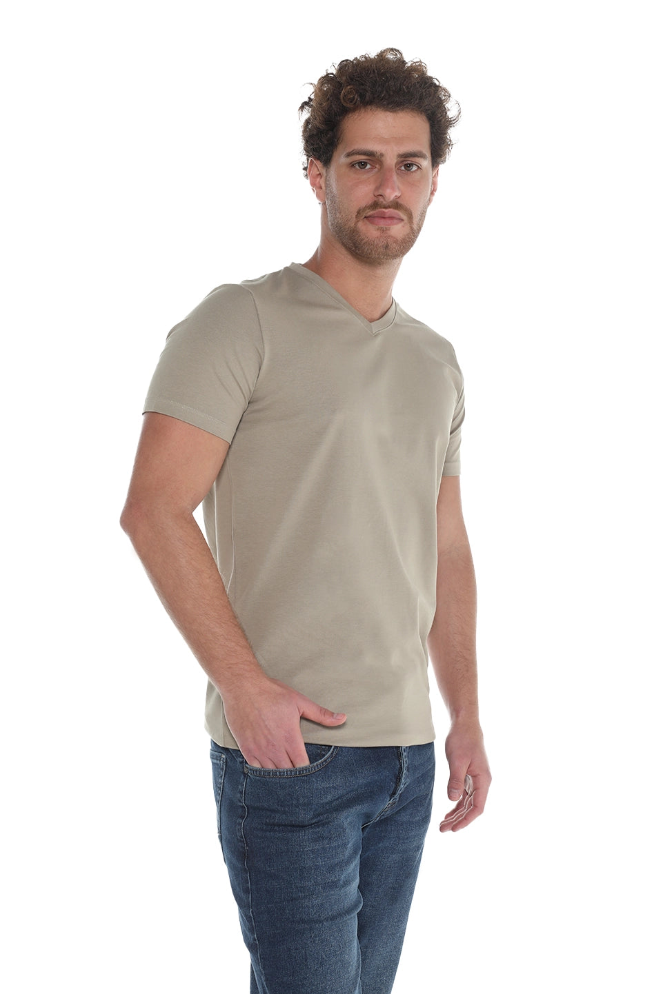 Light Khaki Jack Dapper Short Sleeved Basic T-shirt With V-neck