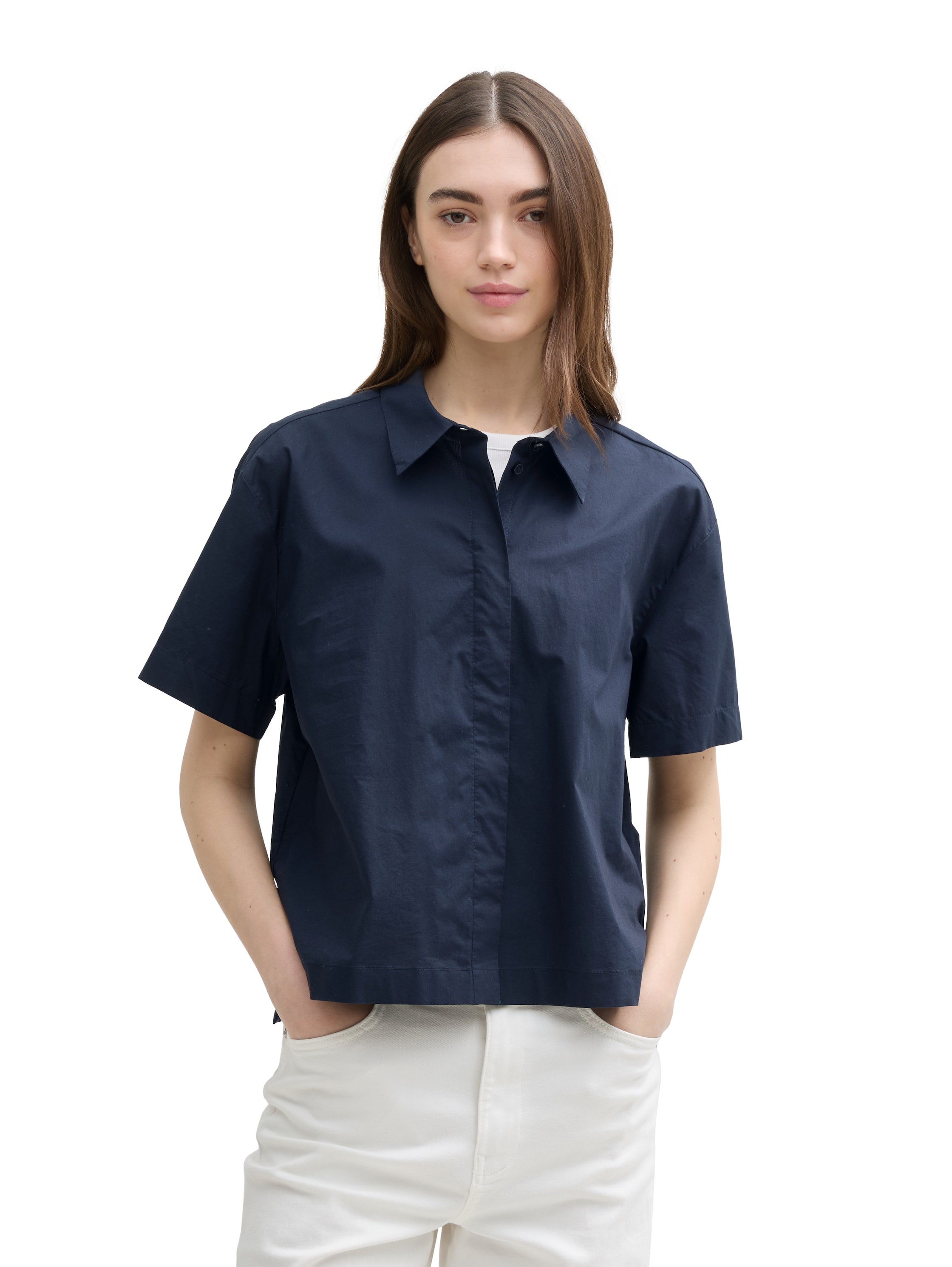 Tom Tailor Sky Captain Blue Boxy Fit Shirt With Concealed Button Placket