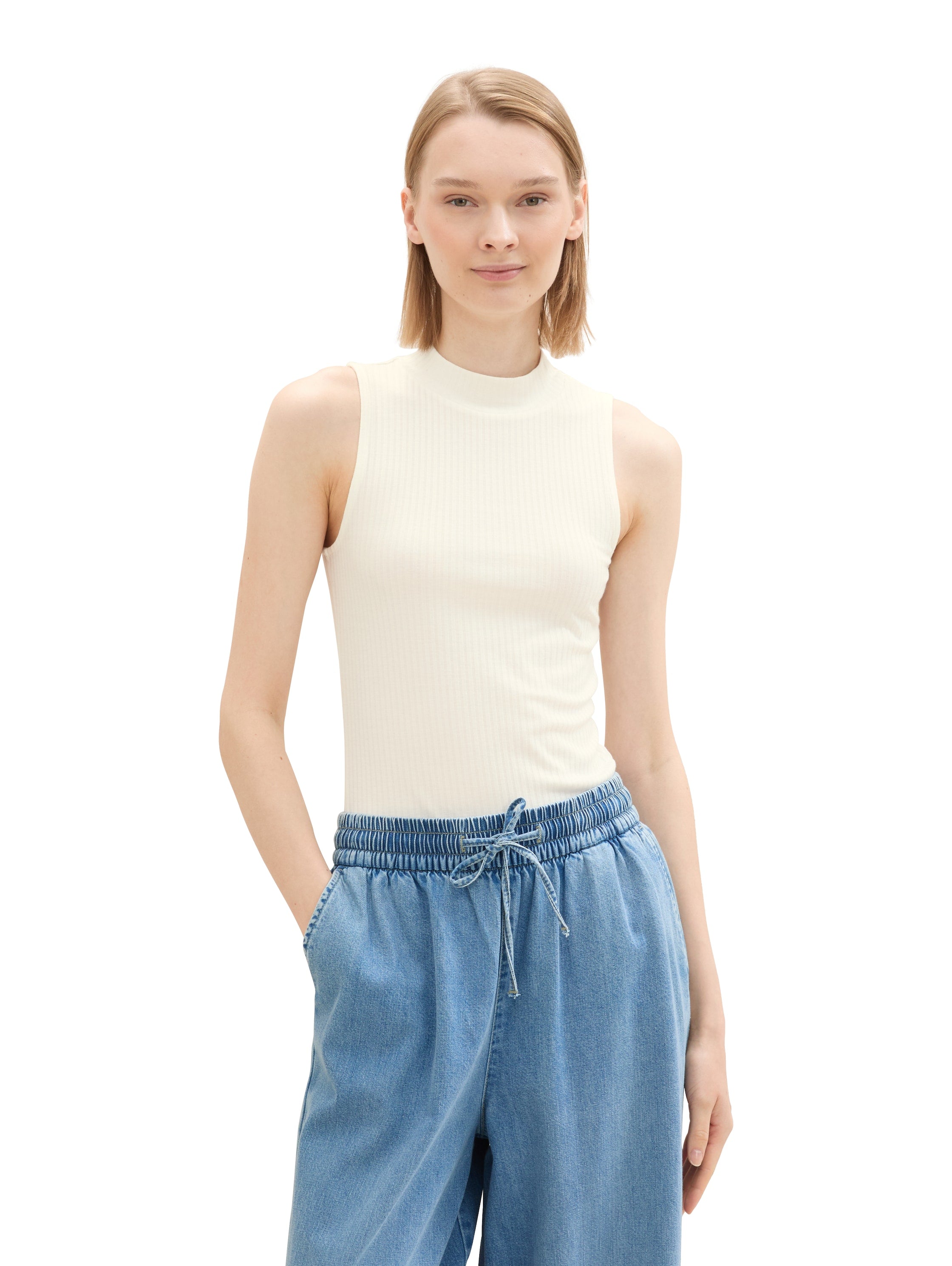 Tom Tailor Ribbed Off White Top With Stand Up Collar