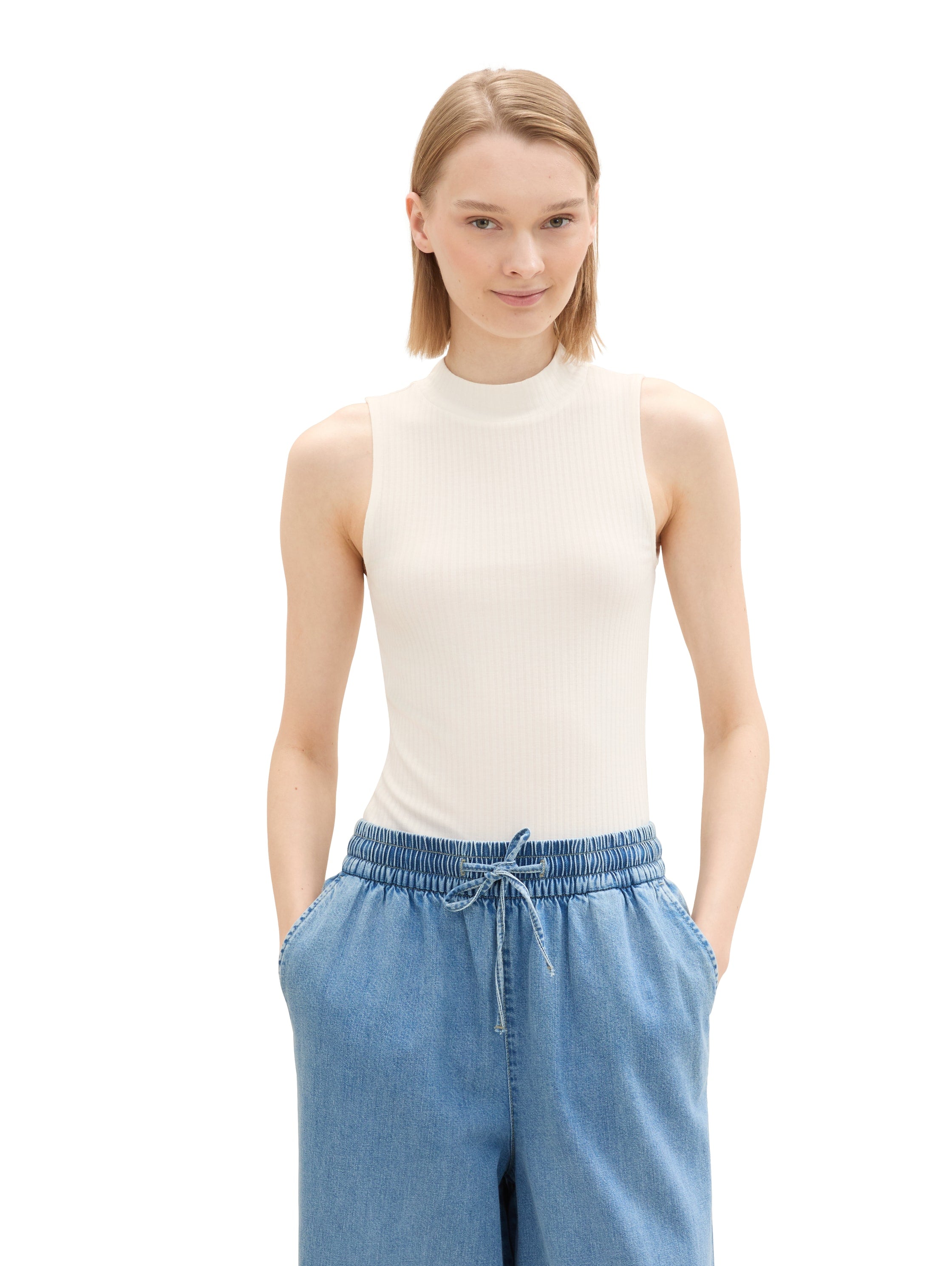 Tom Tailor Ribbed Off White Top With Stand Up Collar