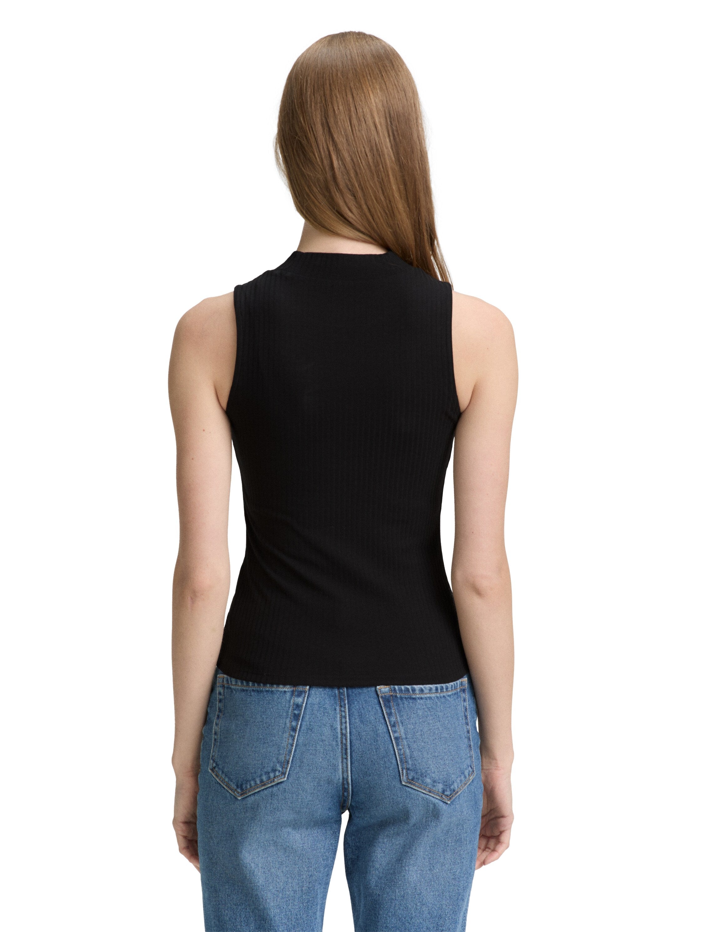 Tom Tailor Ribbed Black Top With Stand Up Collar
