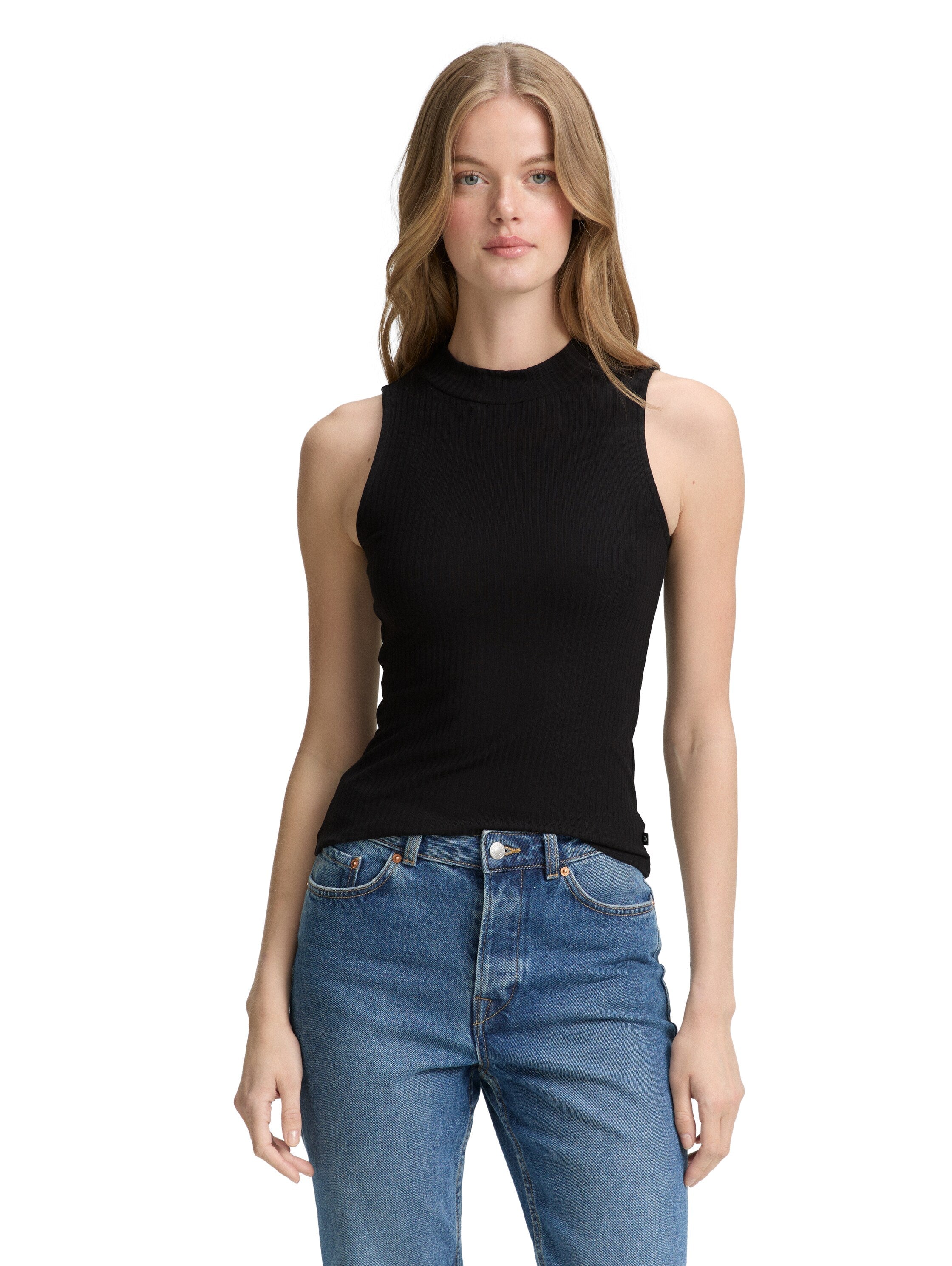 Tom Tailor Ribbed Black Top With Stand Up Collar