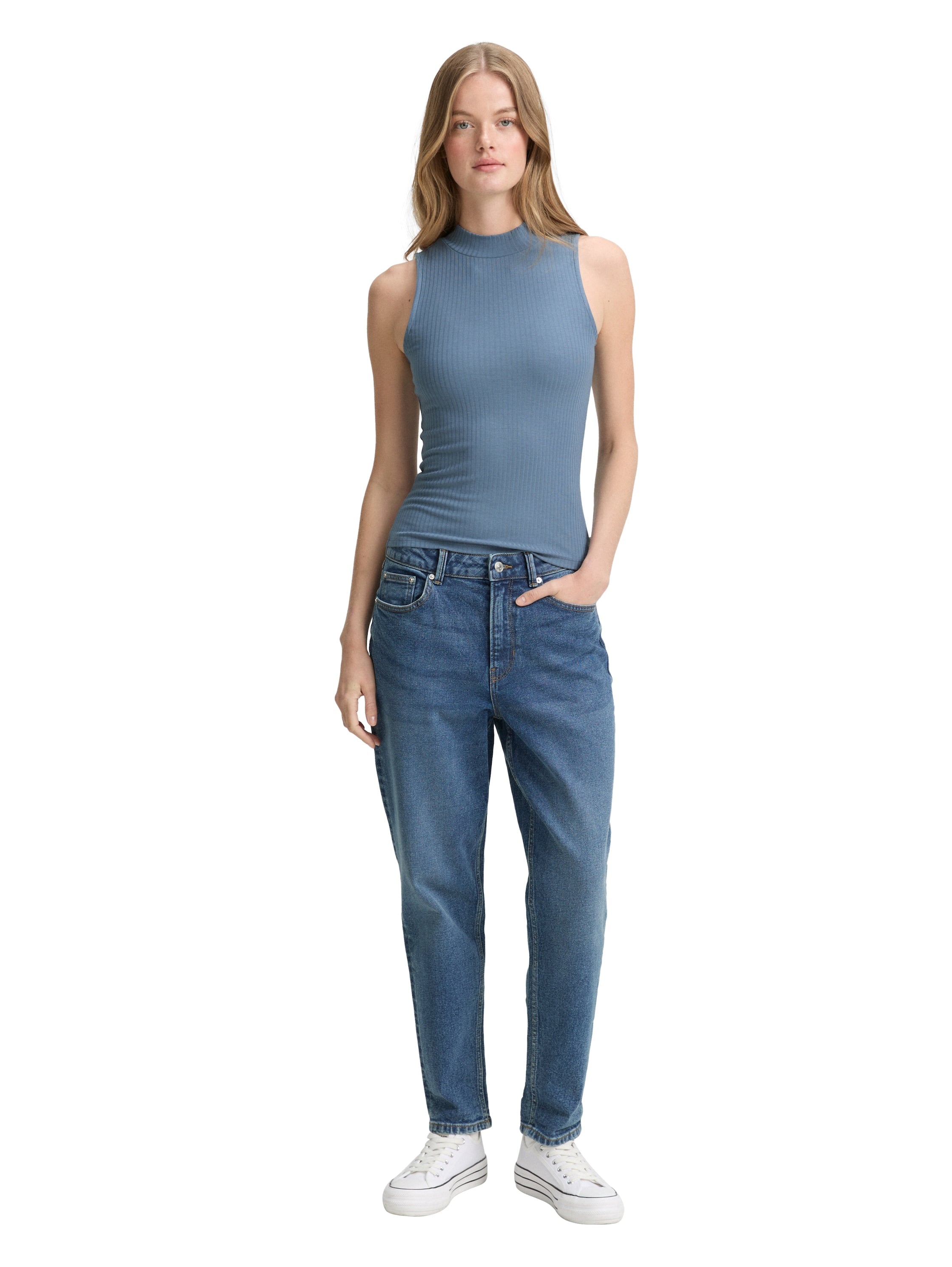 Tom Tailor Ribbed Blue Top With Stand Up Collar