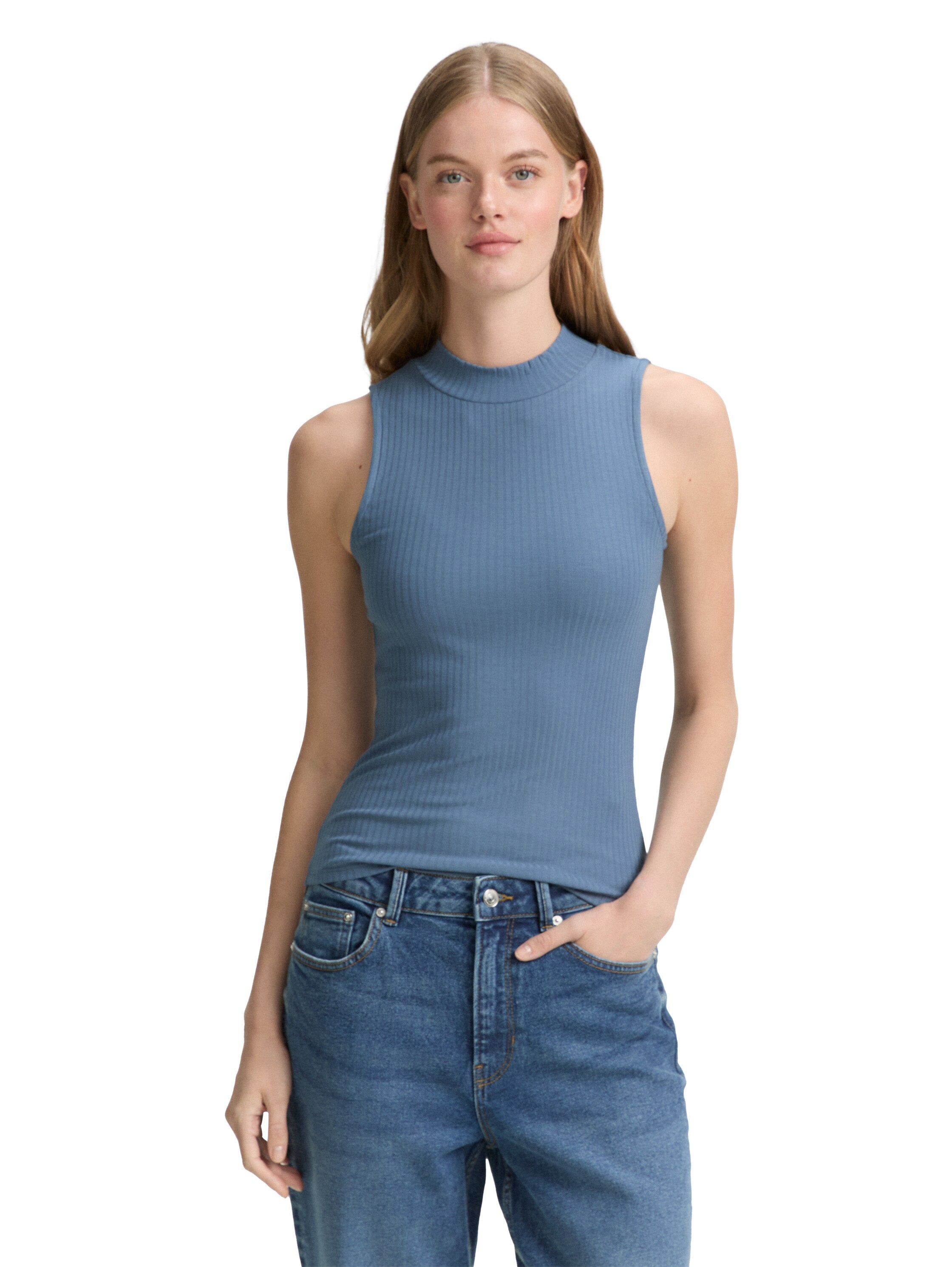 Tom Tailor Ribbed Blue Top With Stand Up Collar