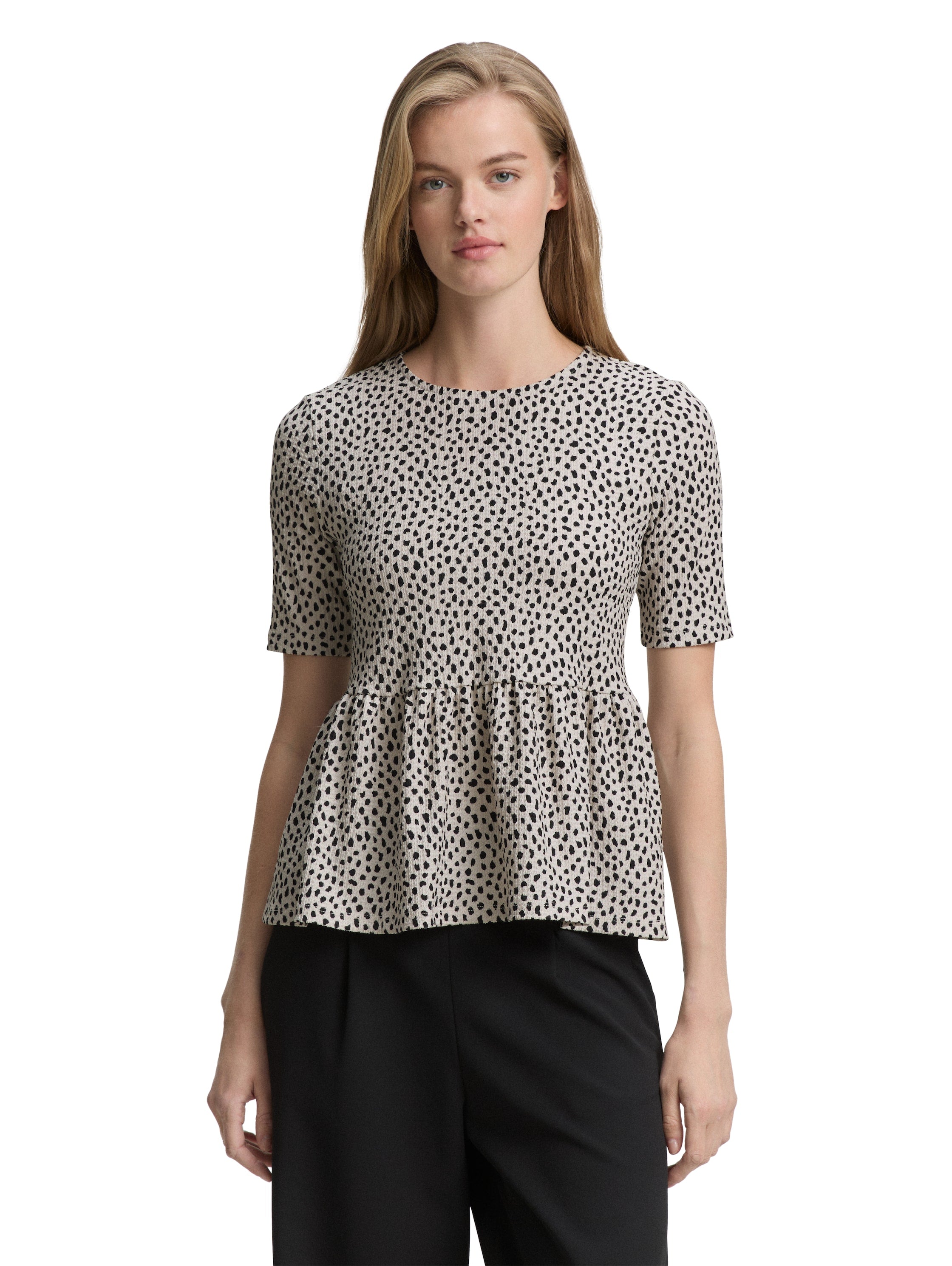 Tom Tailor Beige Black Dotted Printed Short Sleeve T-shirt