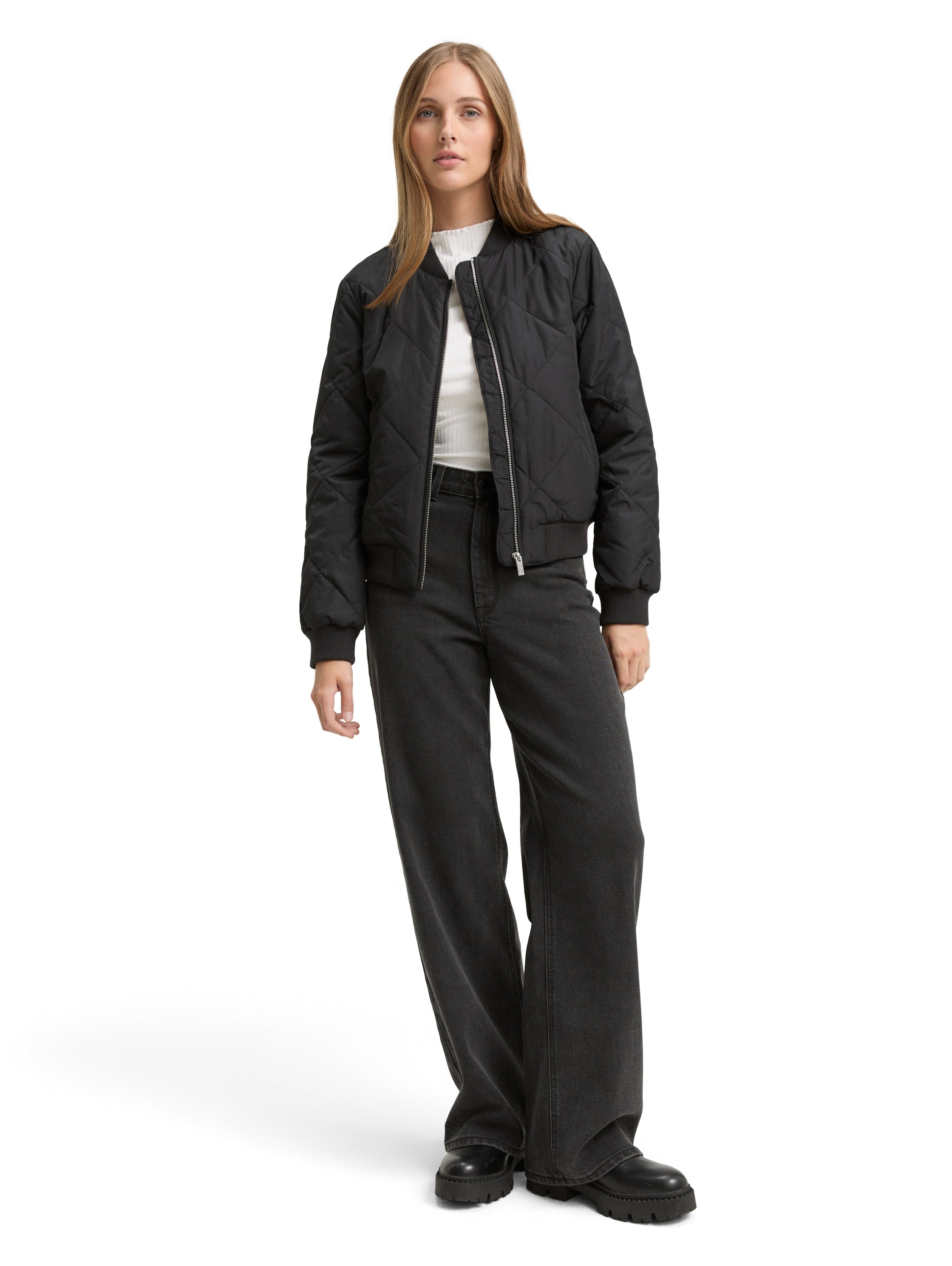 Tom Tailor Offwhite Ribbed Long Sleeved T-shirt With Stand up Collar