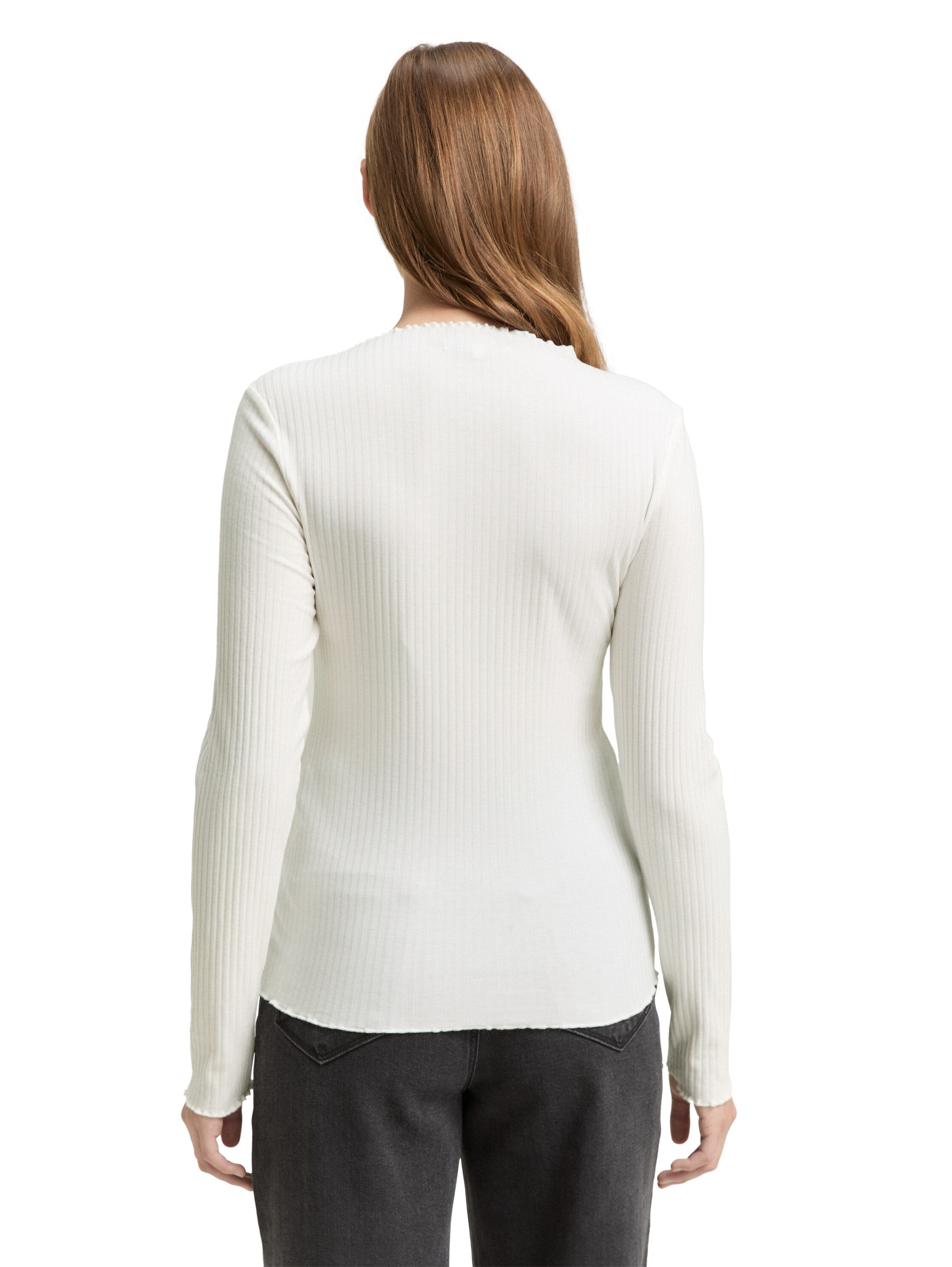 Tom Tailor Offwhite Ribbed Long Sleeved T-shirt With Stand up Collar