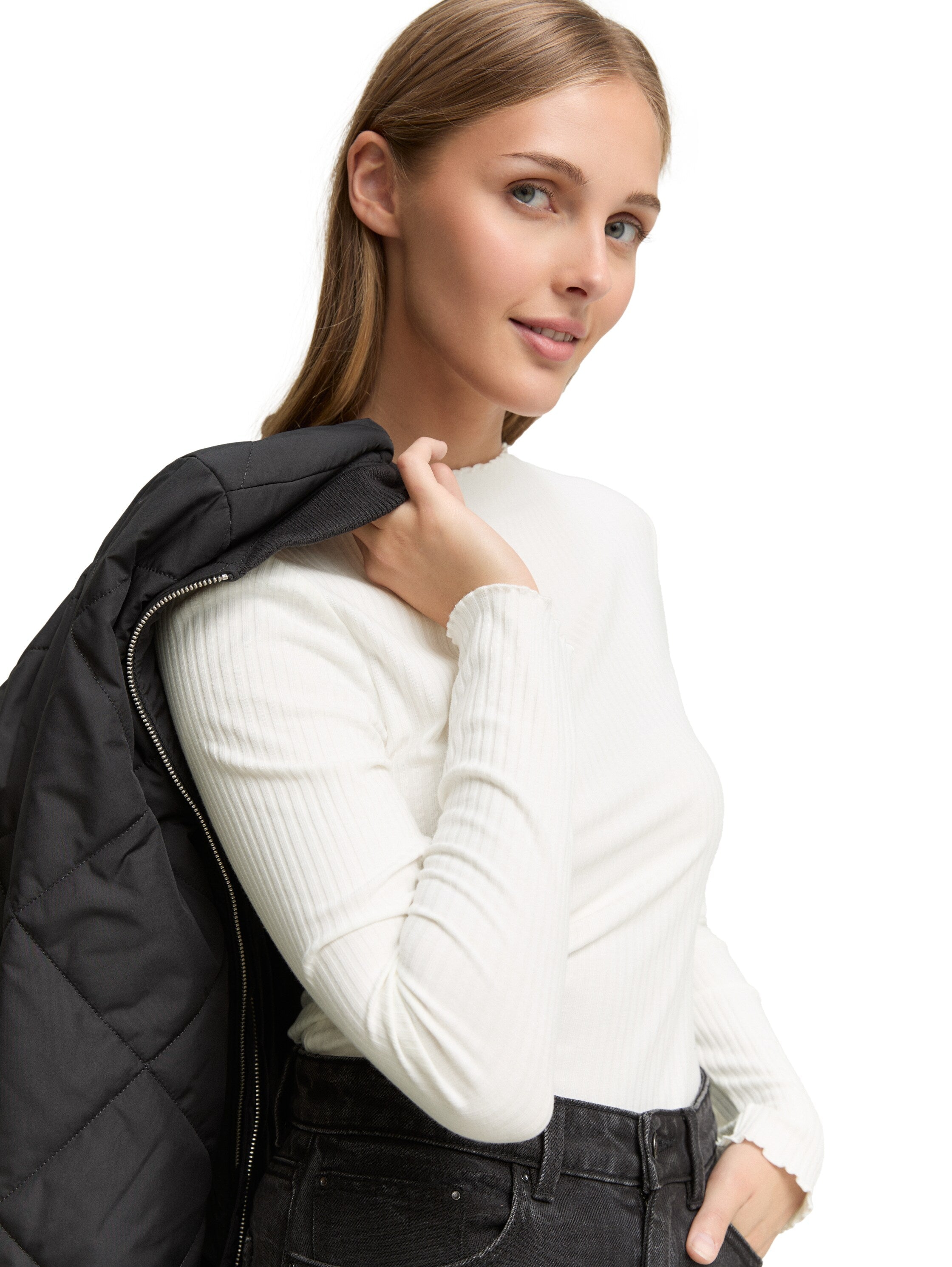 Tom Tailor Offwhite Ribbed Long Sleeved T-shirt With Stand up Collar