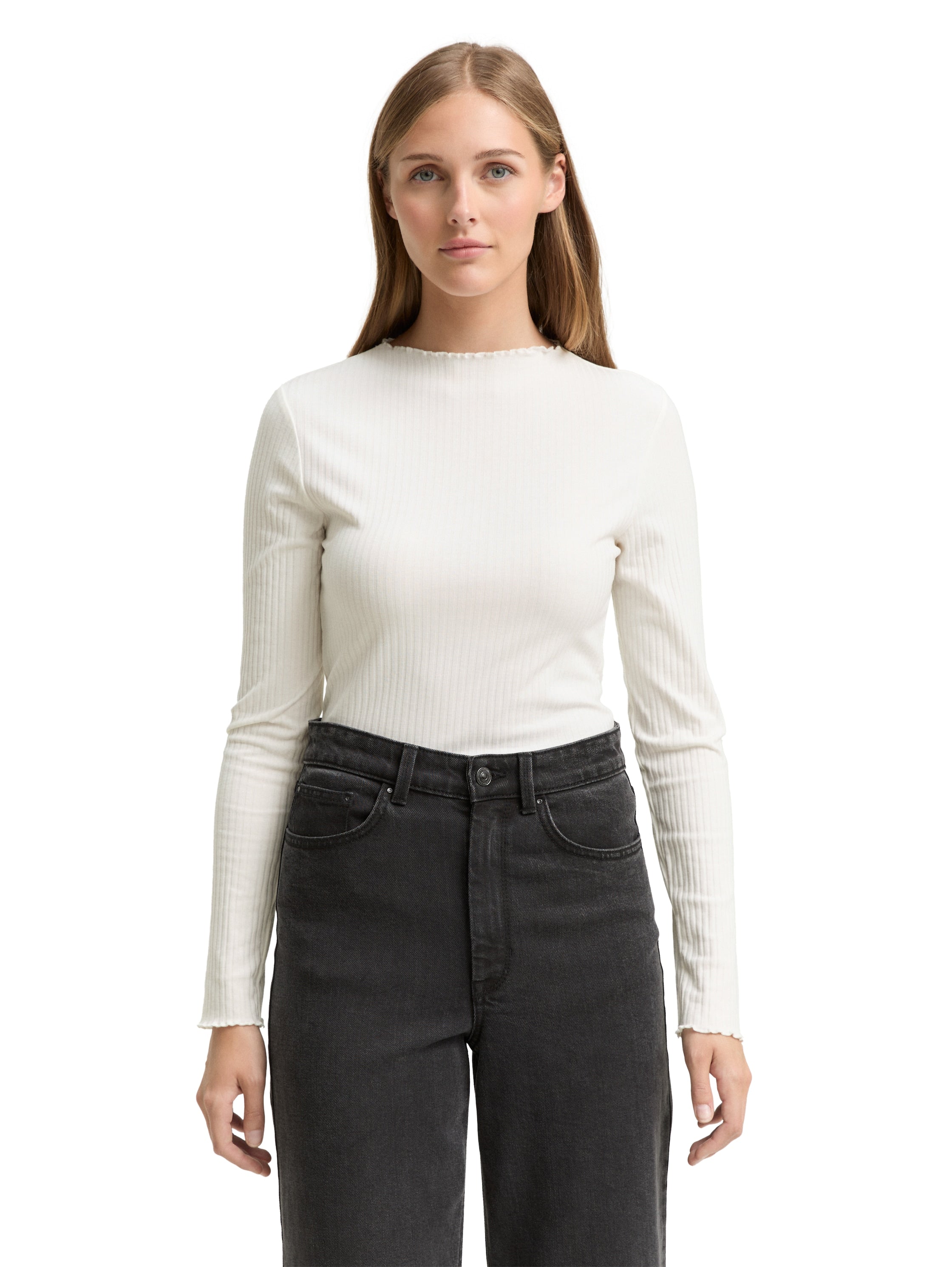 Tom Tailor Offwhite Ribbed Long Sleeved T-shirt With Stand up Collar
