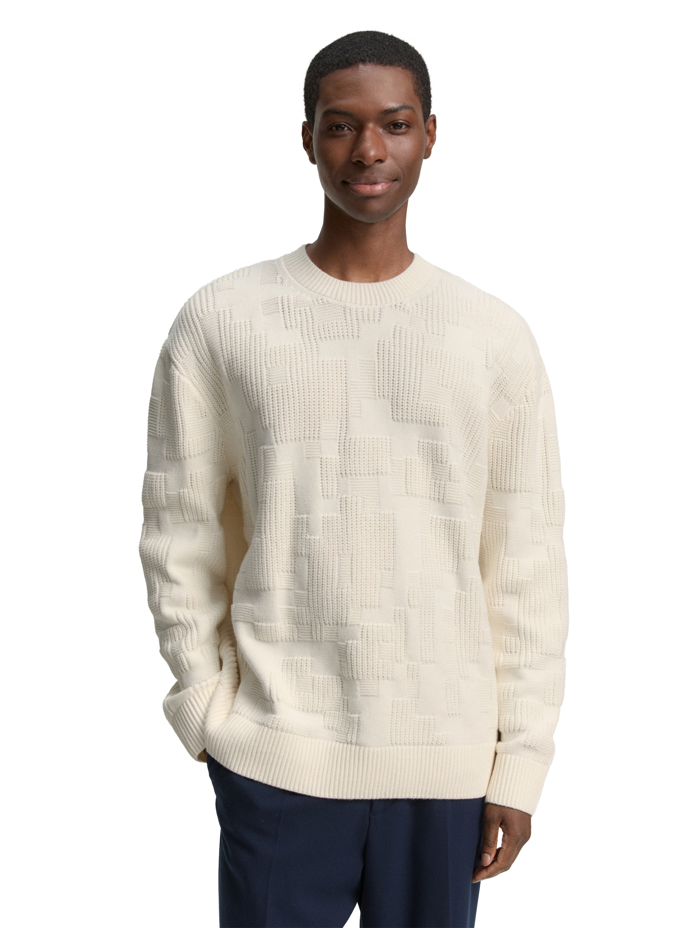 Tom Tailor Loose Fit Knitted Gardenia White Pullover with Pattern