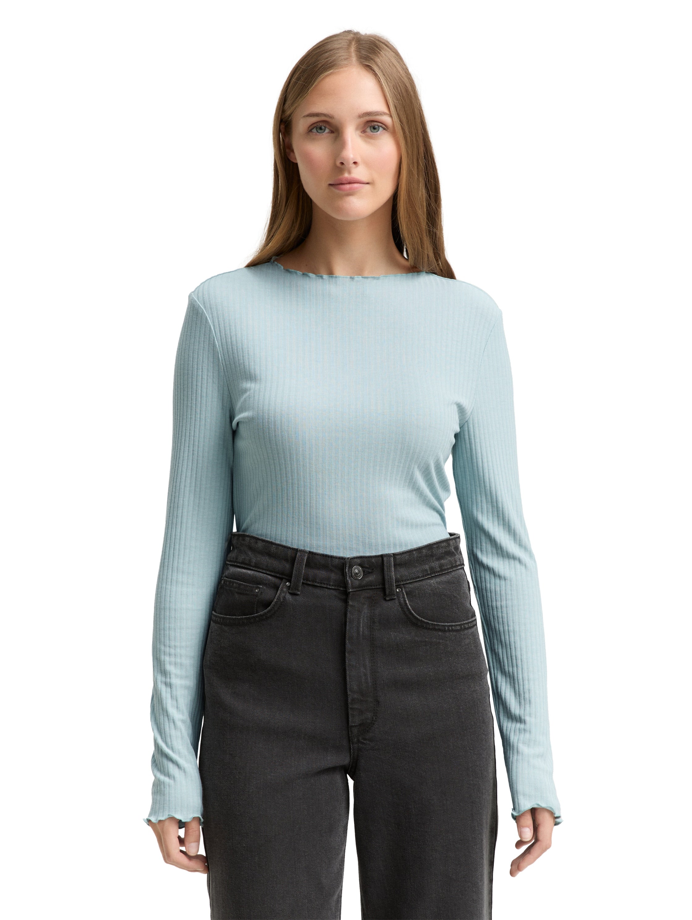 Tom Tailor Cold Blue Ribbed Long Sleeved T-shirt With Stand up Collar