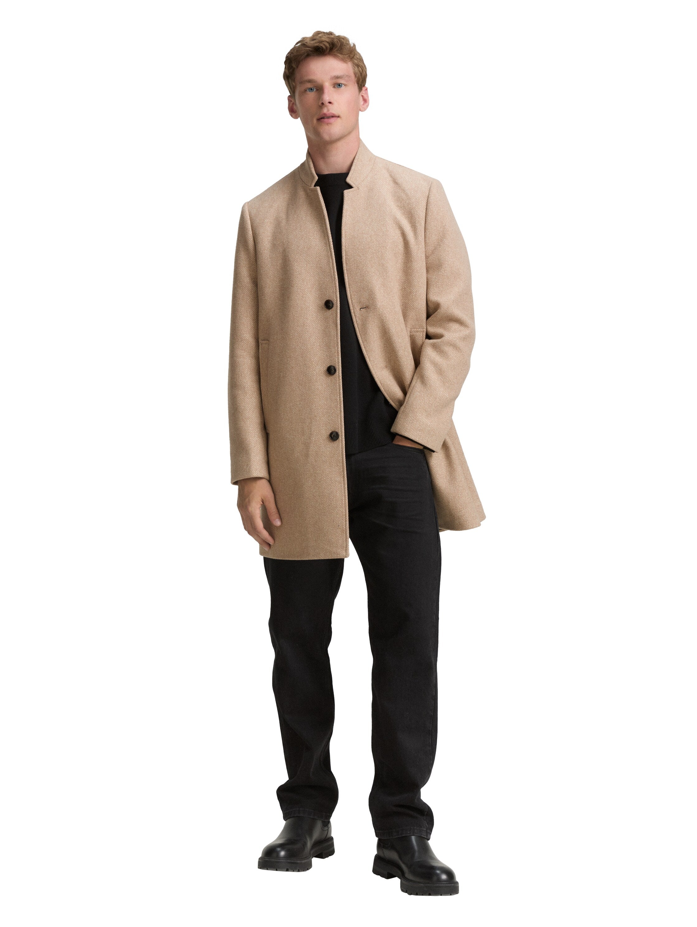 Tom Tailor Wool Beige Coat With Stand Up Collar