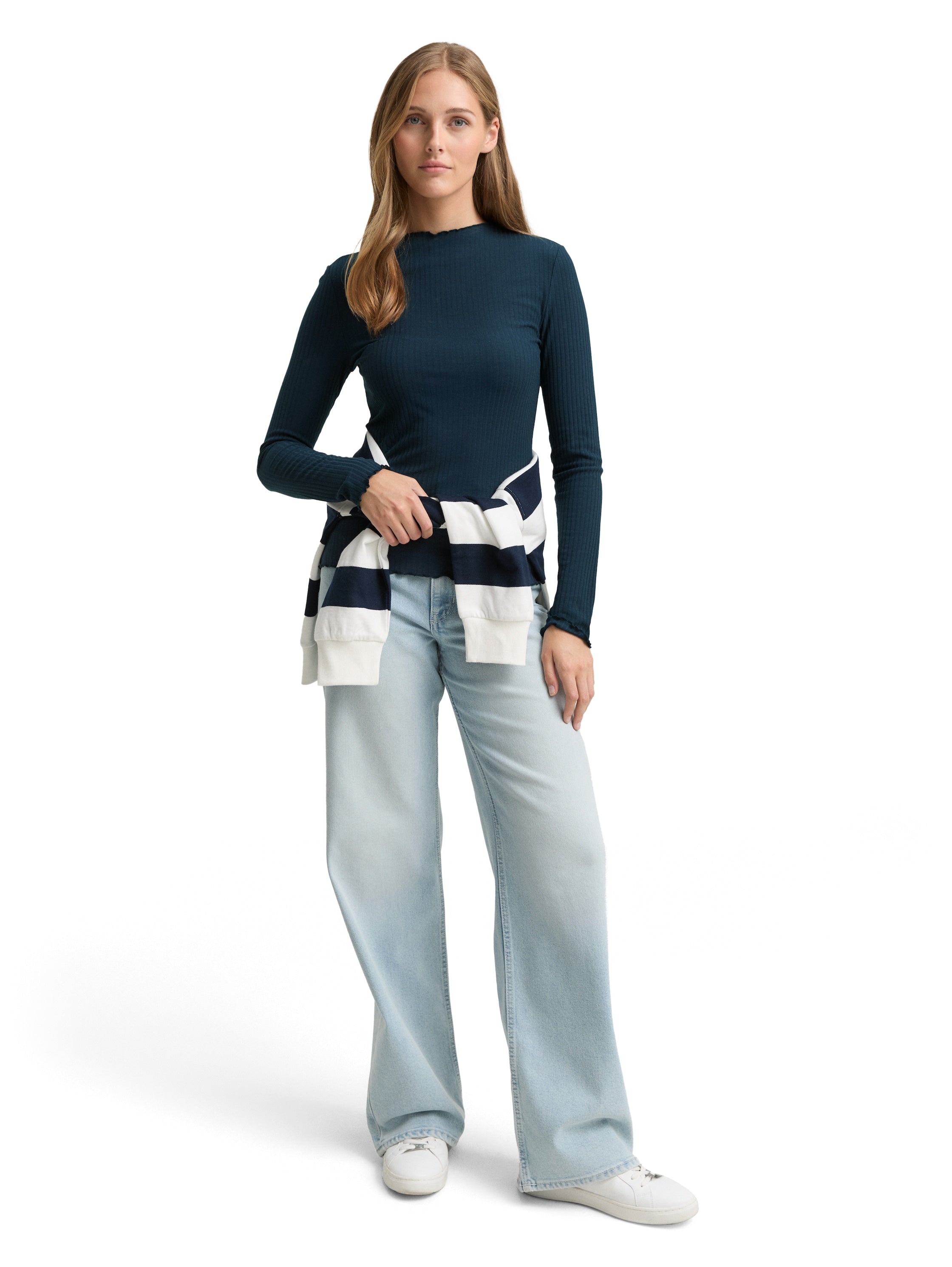 Tom Tailor Blue Petrol Ribbed Long Sleeved T-shirt With Stand up Collar