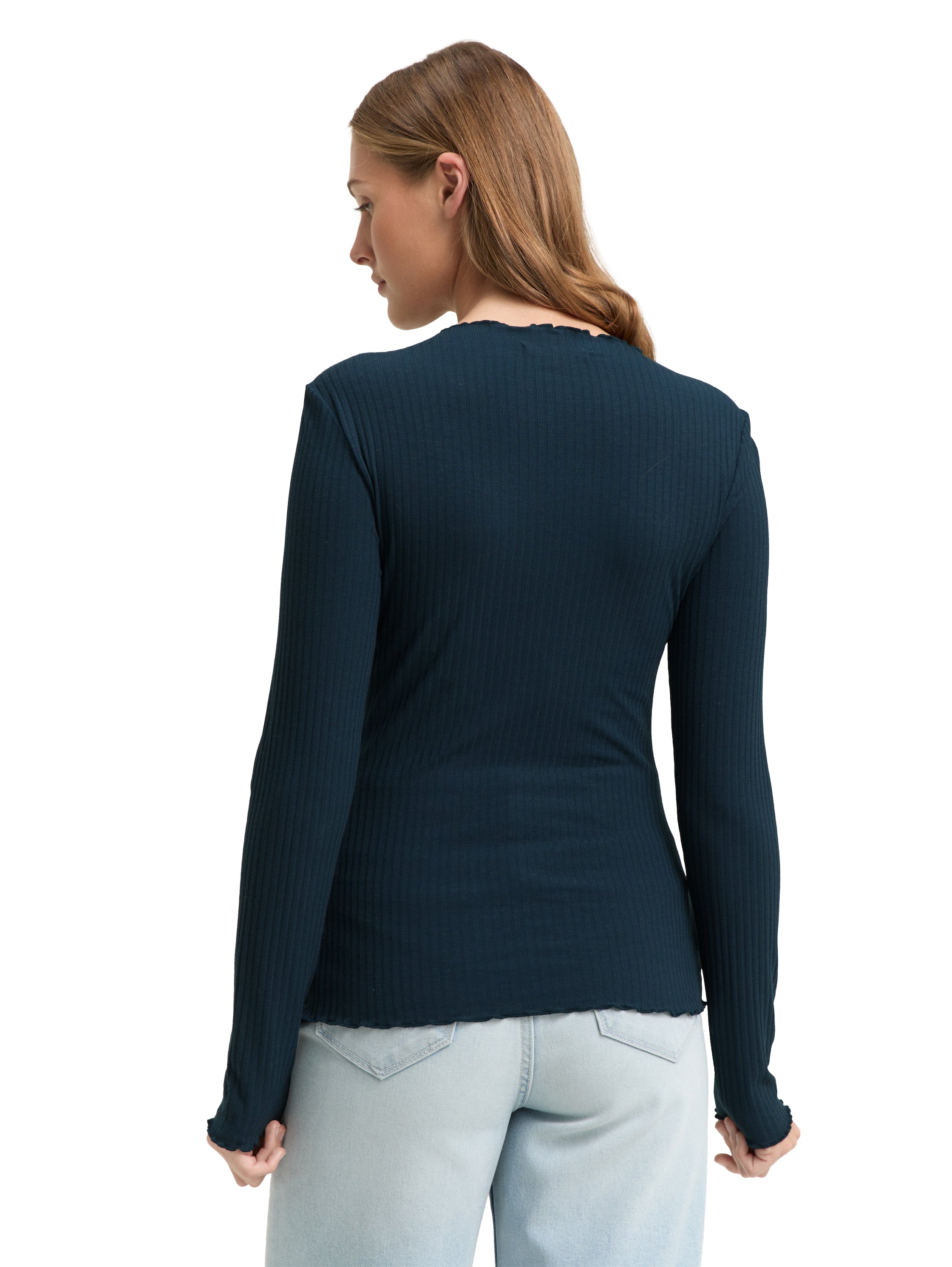 Tom Tailor Blue Petrol Ribbed Long Sleeved T-shirt With Stand up Collar