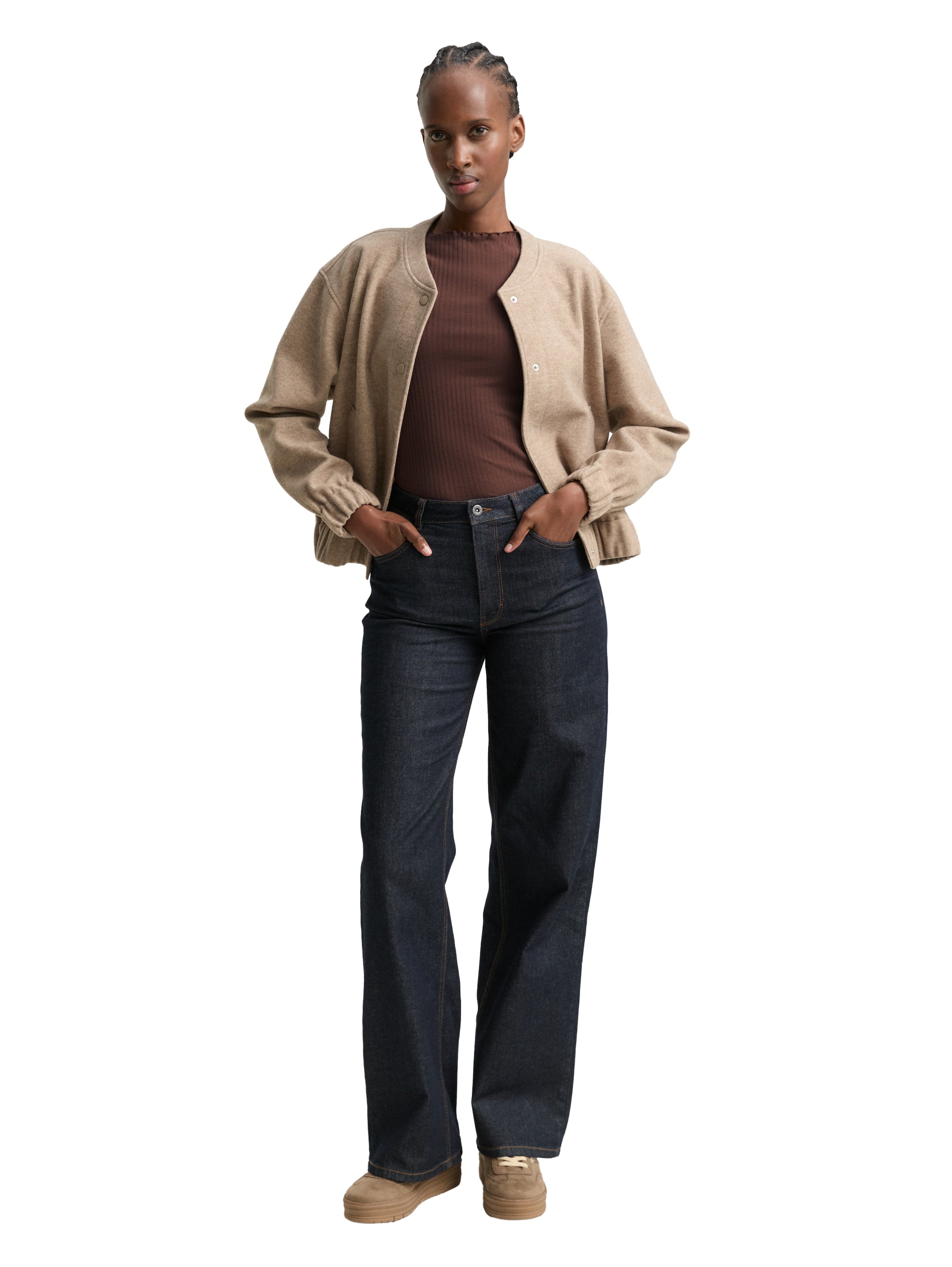 Tom Tailor Soft Chocolate Brown Ribbed Long Sleeved T-shirt With Stand up Collar