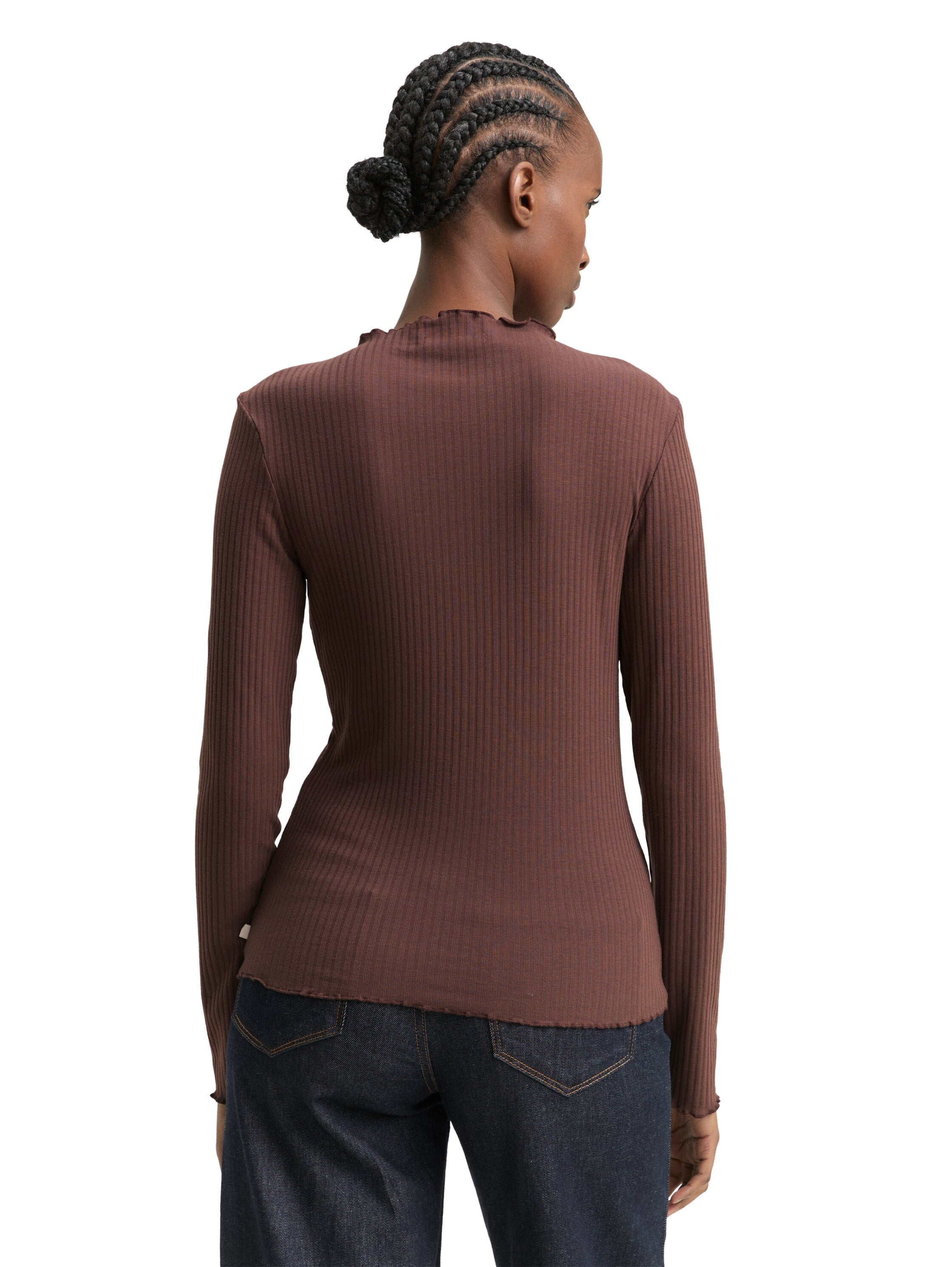 Tom Tailor Soft Chocolate Brown Ribbed Long Sleeved T-shirt With Stand up Collar