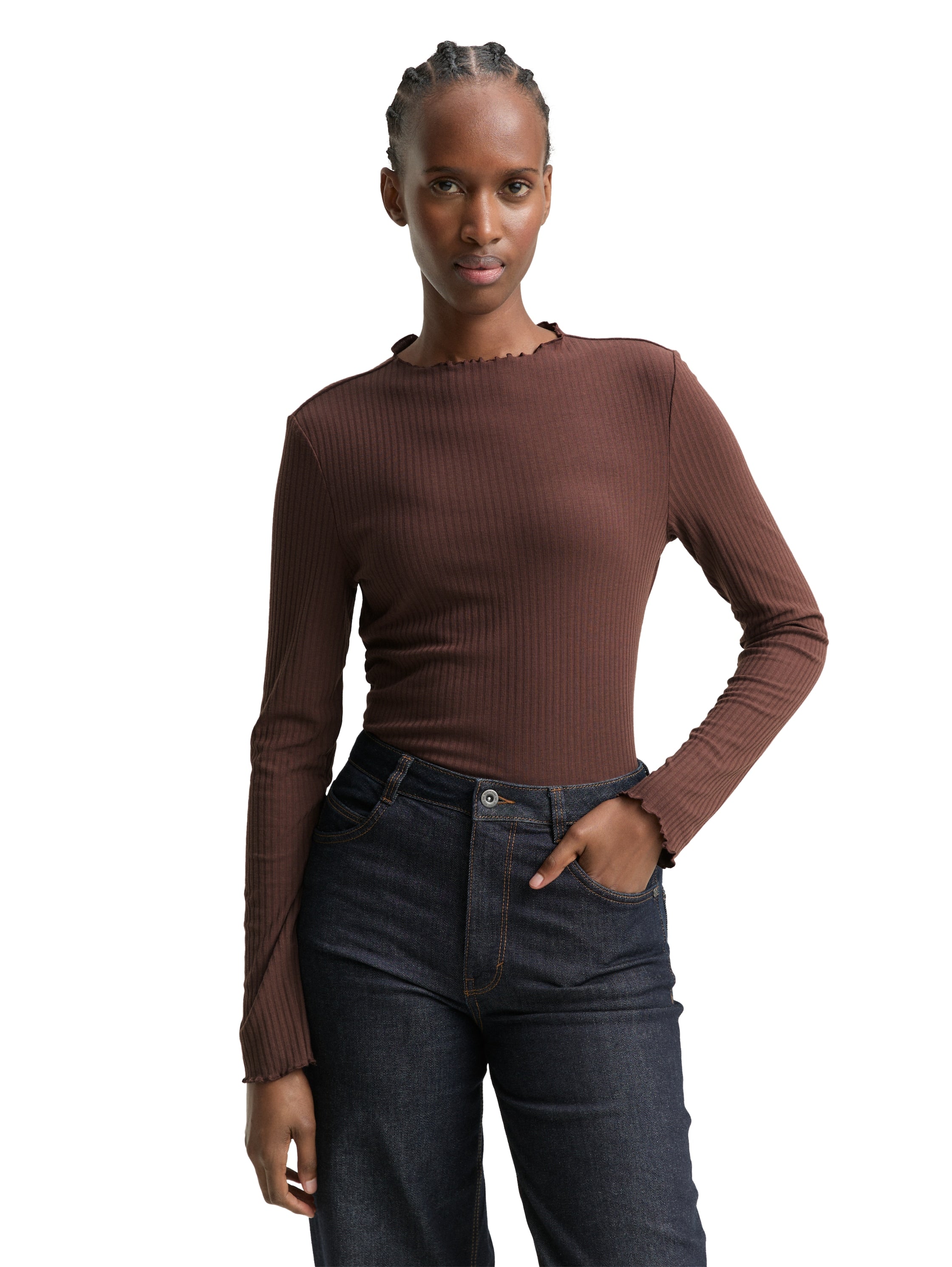 Tom Tailor Soft Chocolate Brown Ribbed Long Sleeved T-shirt With Stand up Collar