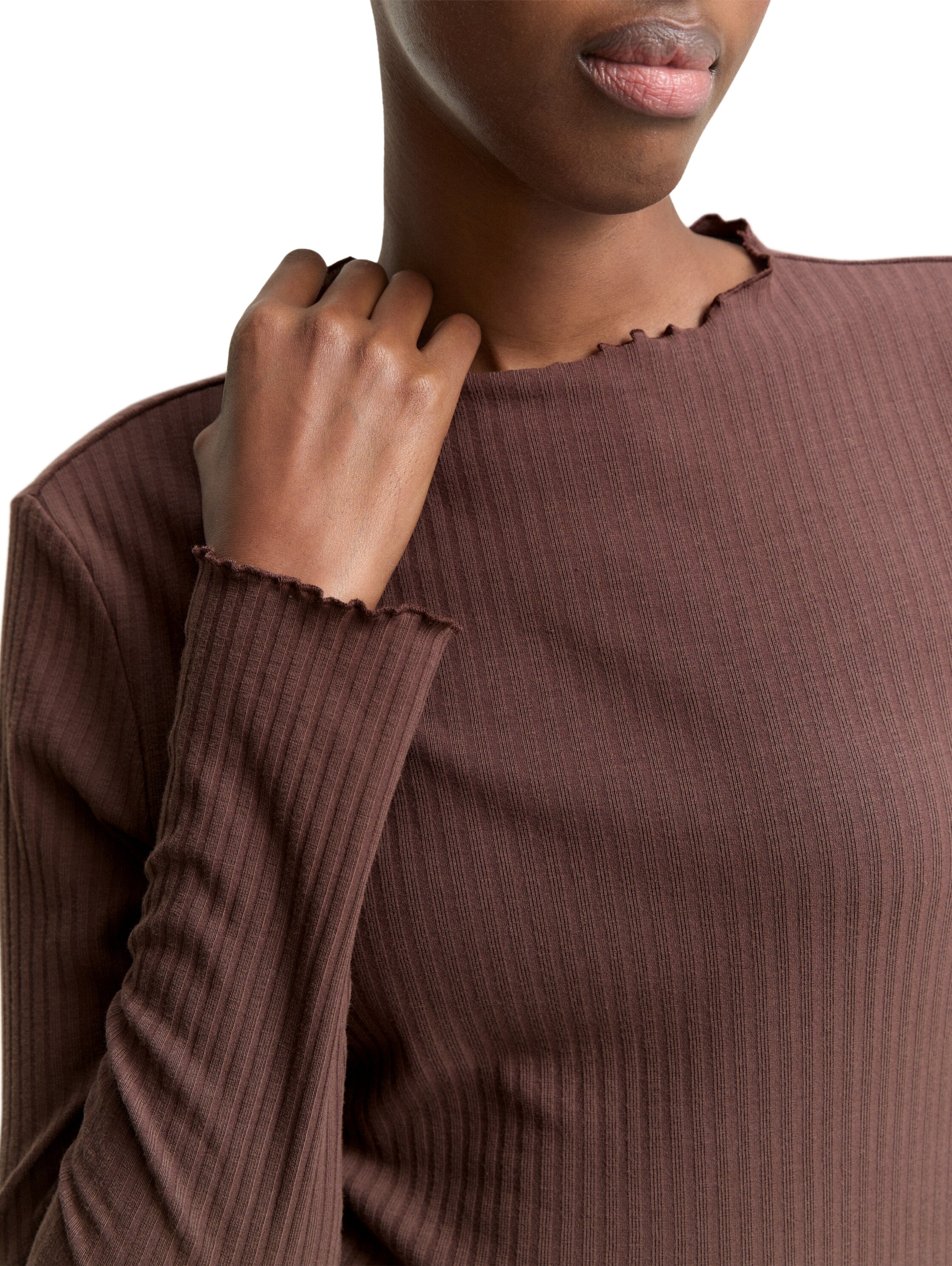 Tom Tailor Soft Chocolate Brown Ribbed Long Sleeved T-shirt With Stand up Collar