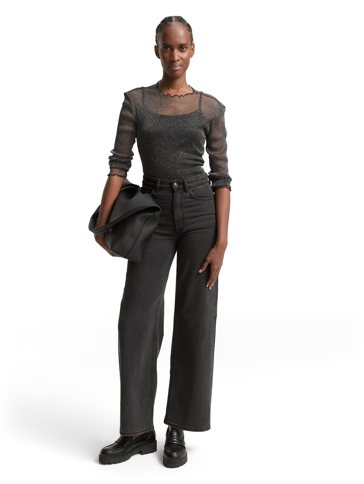 Tom Tailor Black Slim Fit Long-Sleeved Top with Wavy Hem Edges