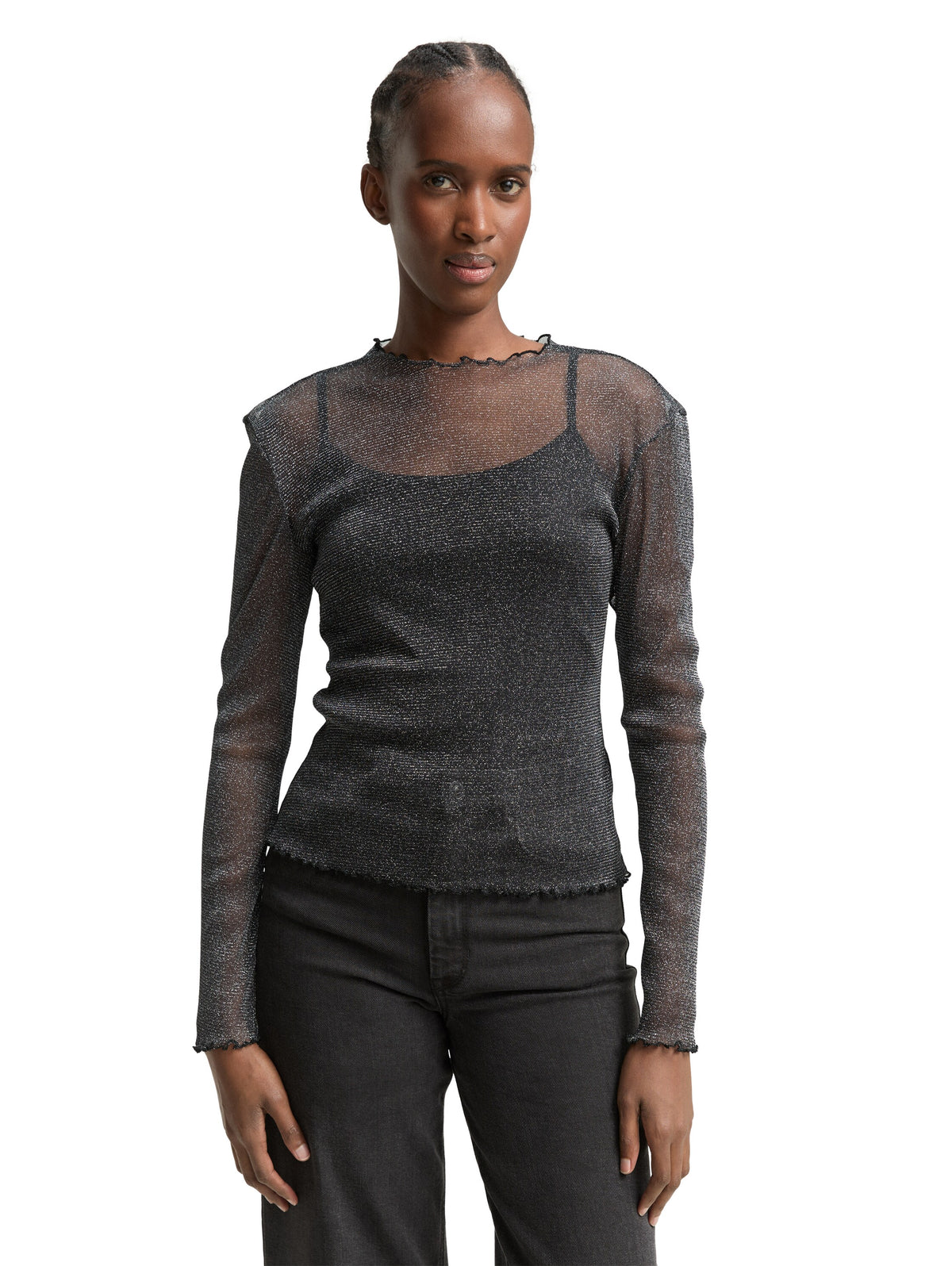 Tom Tailor Black Slim Fit Long-Sleeved Top with Wavy Hem Edges