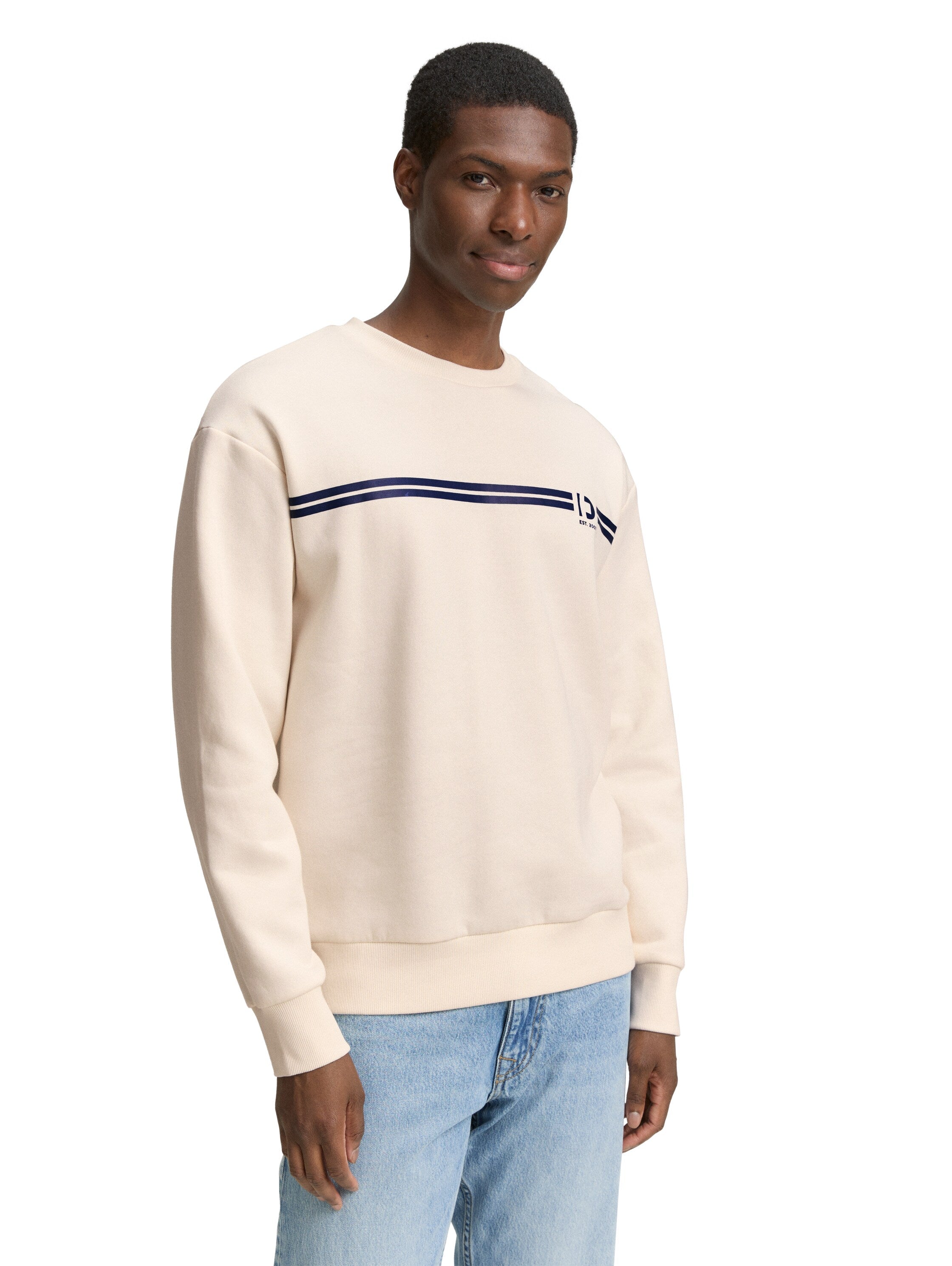 Tom Tailor Crew Neck Gardenia White Sweater With Print