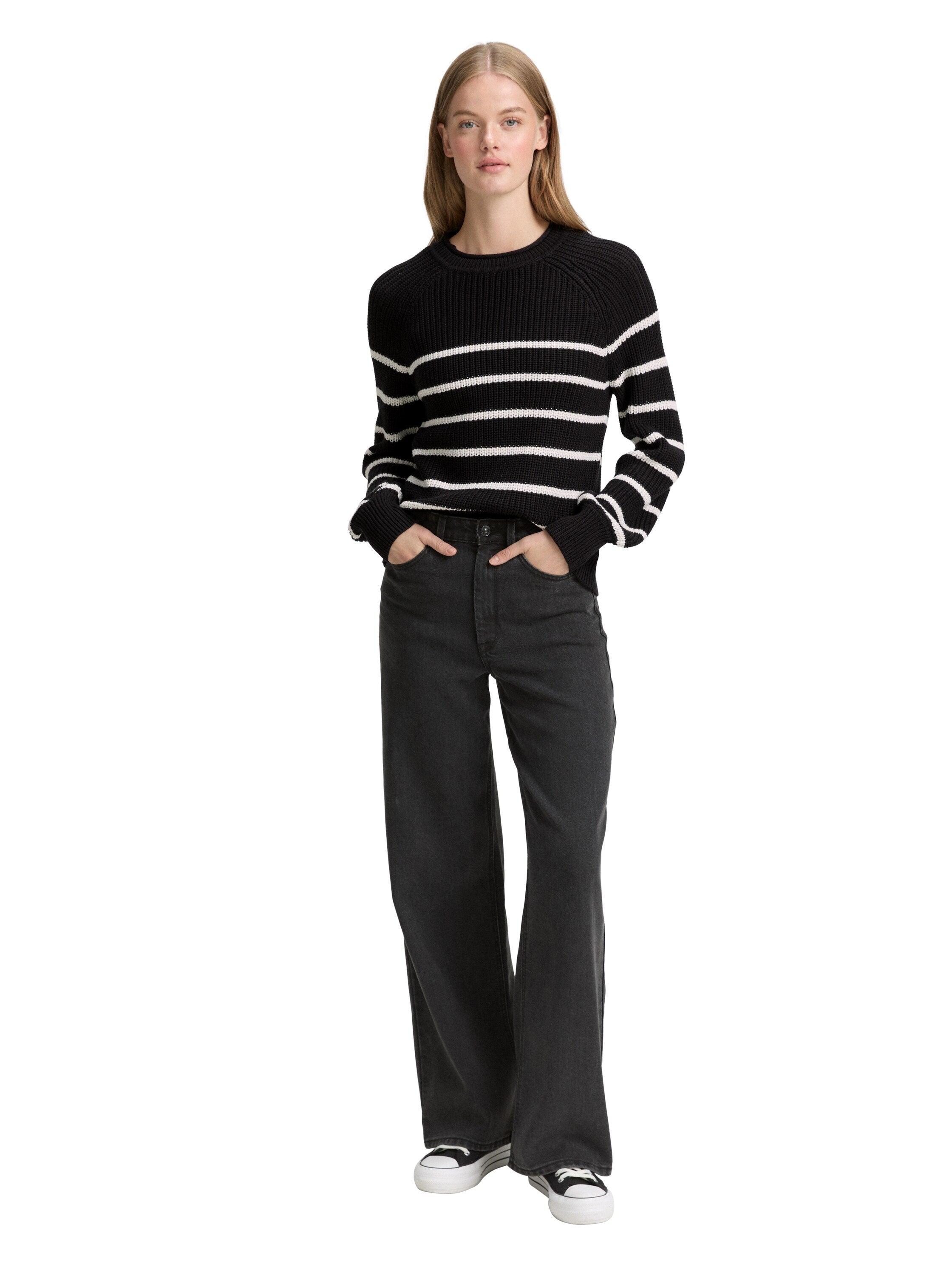 Tom Tailor Knitted Black Stripe Pullover With Slight Ballons Sleeves