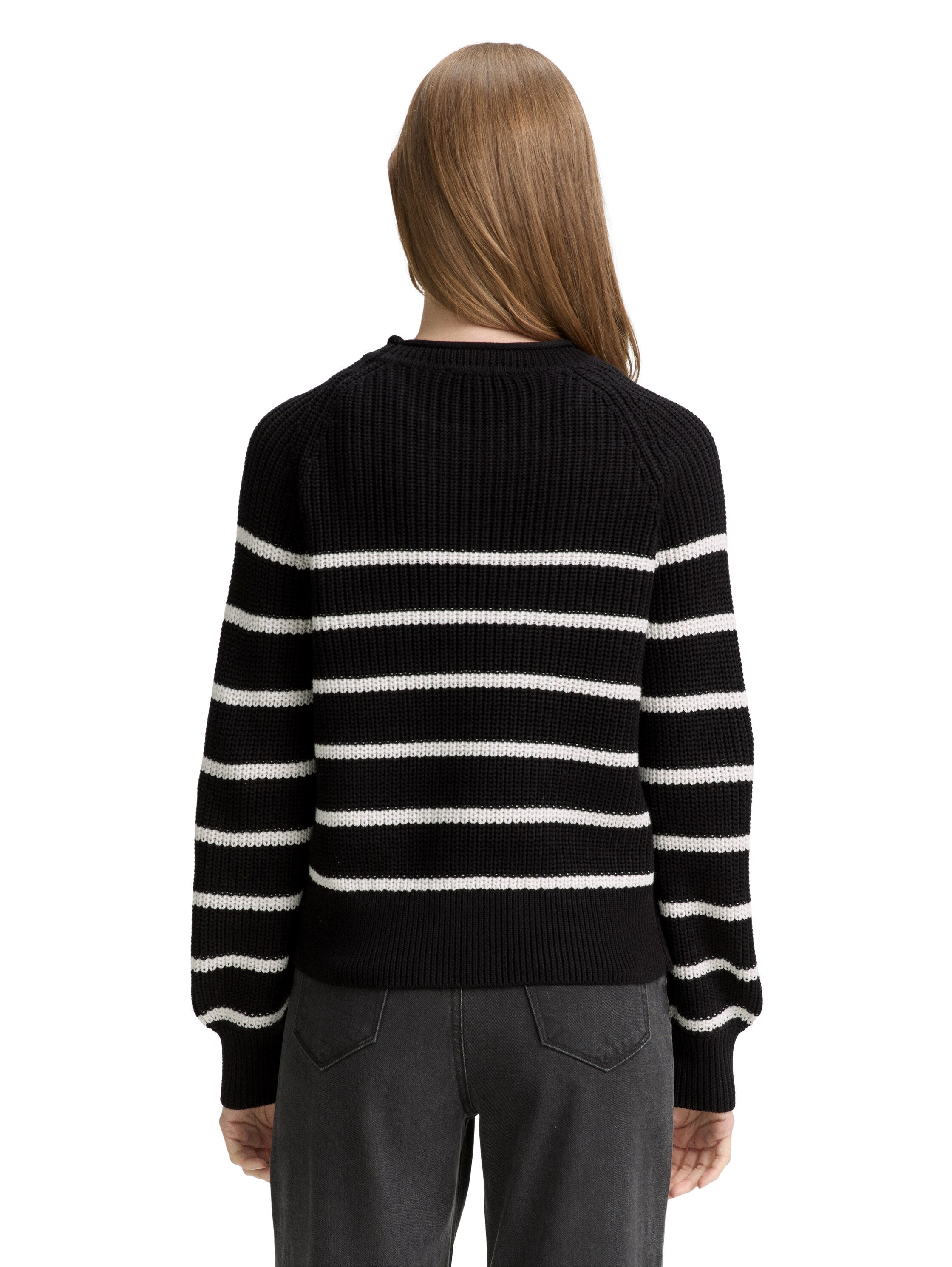 Tom Tailor Knitted Black Stripe Pullover With Slight Ballons Sleeves