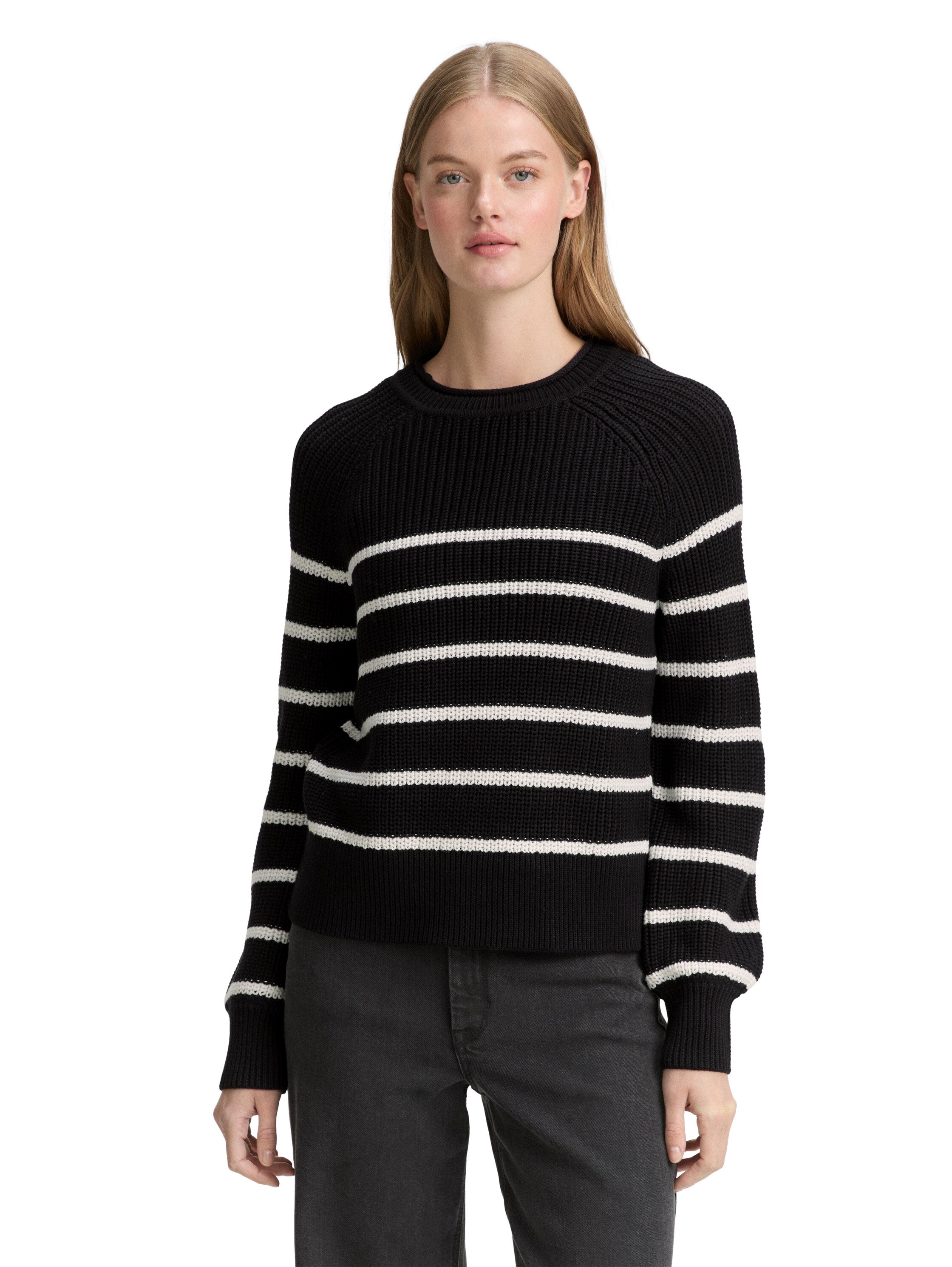 Tom Tailor Knitted Black Stripe Pullover With Slight Ballons Sleeves