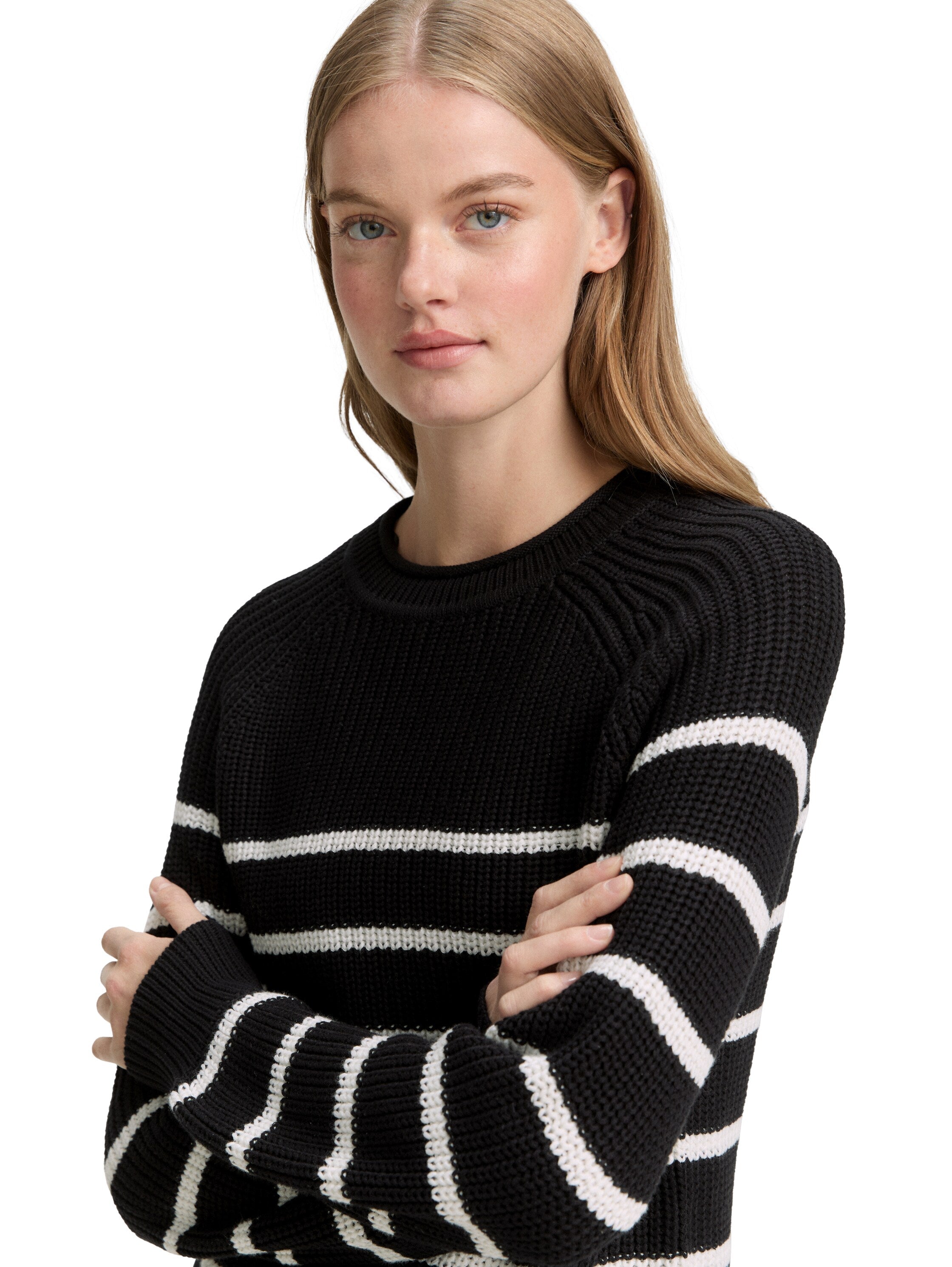 Tom Tailor Knitted Black Stripe Pullover With Slight Ballons Sleeves