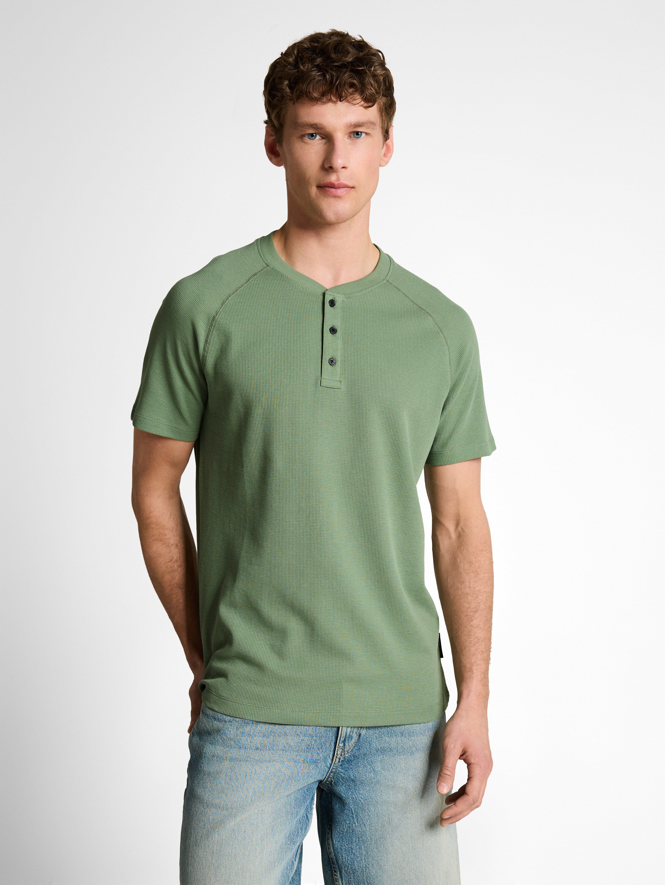 Tom Tailor Green Olive Henley T-Shirt With Waffle Texture